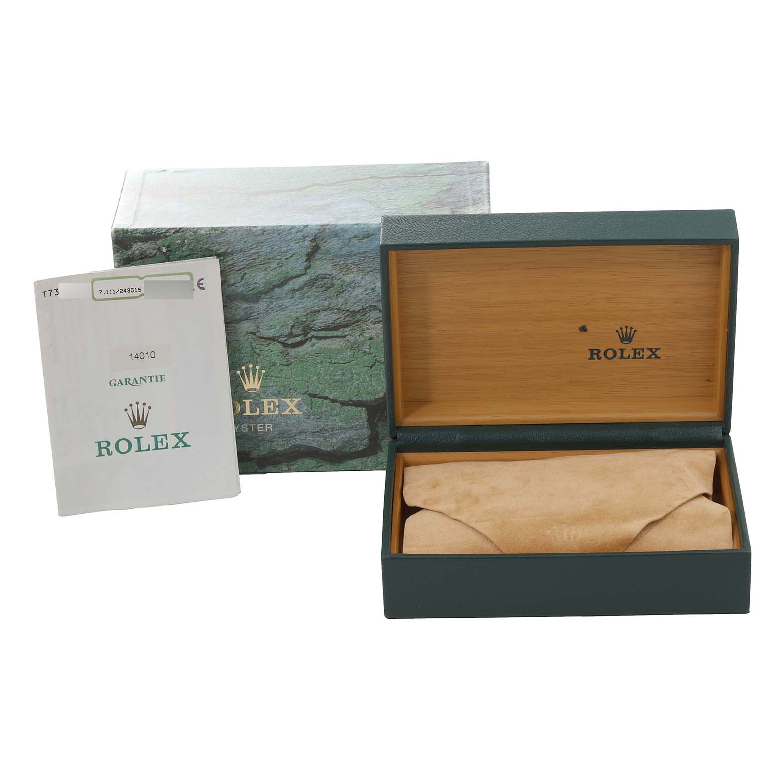 The image shows the open box and warranty booklet for the Air-King model by Rolex.
