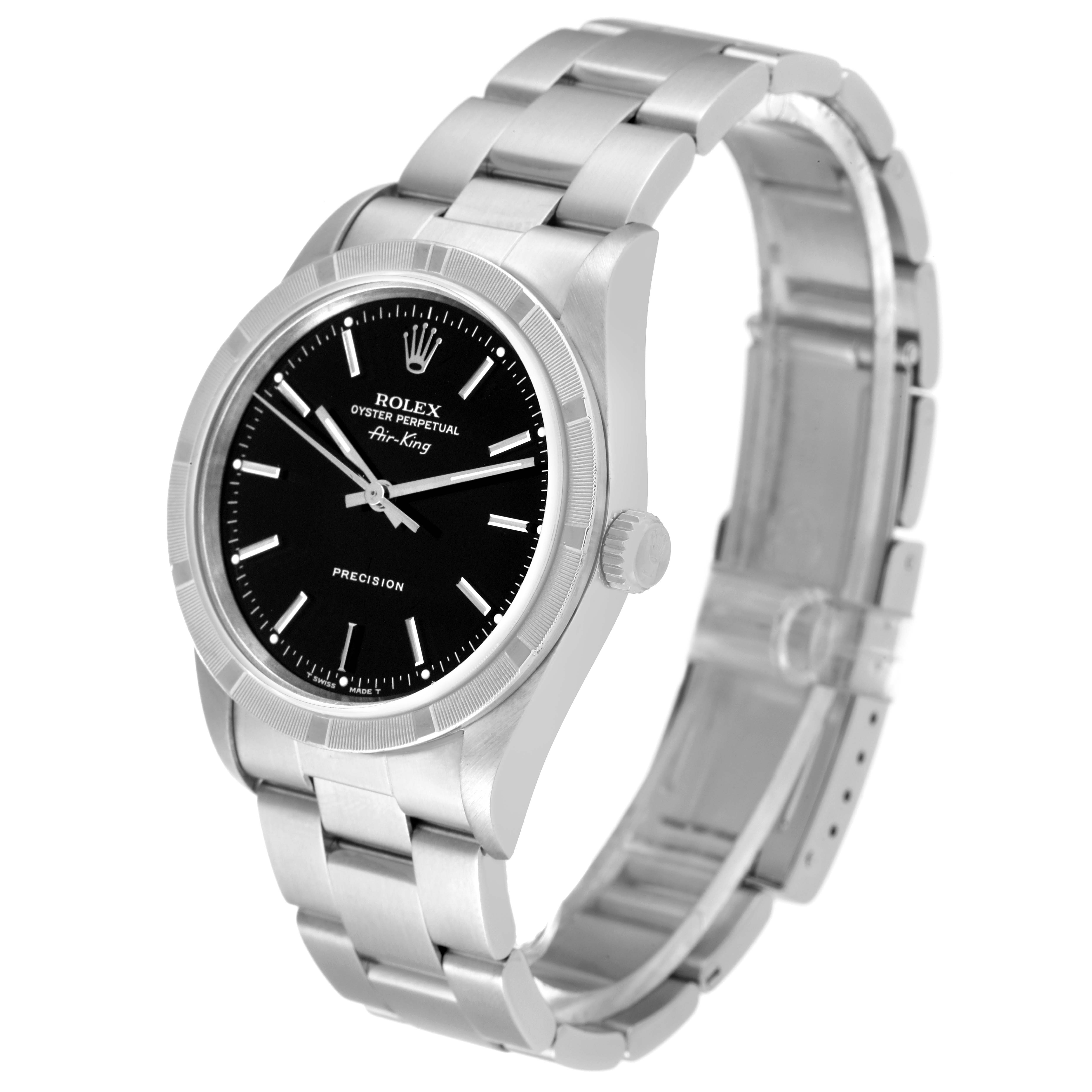 The image shows a Rolex Air-King 14010 Men's Stainless Steel Black Dial 14010 Men's Stainless Steel Black Dial watch at a three-quarter angle, showcasing the bracelet, dial, bezel, and crown.