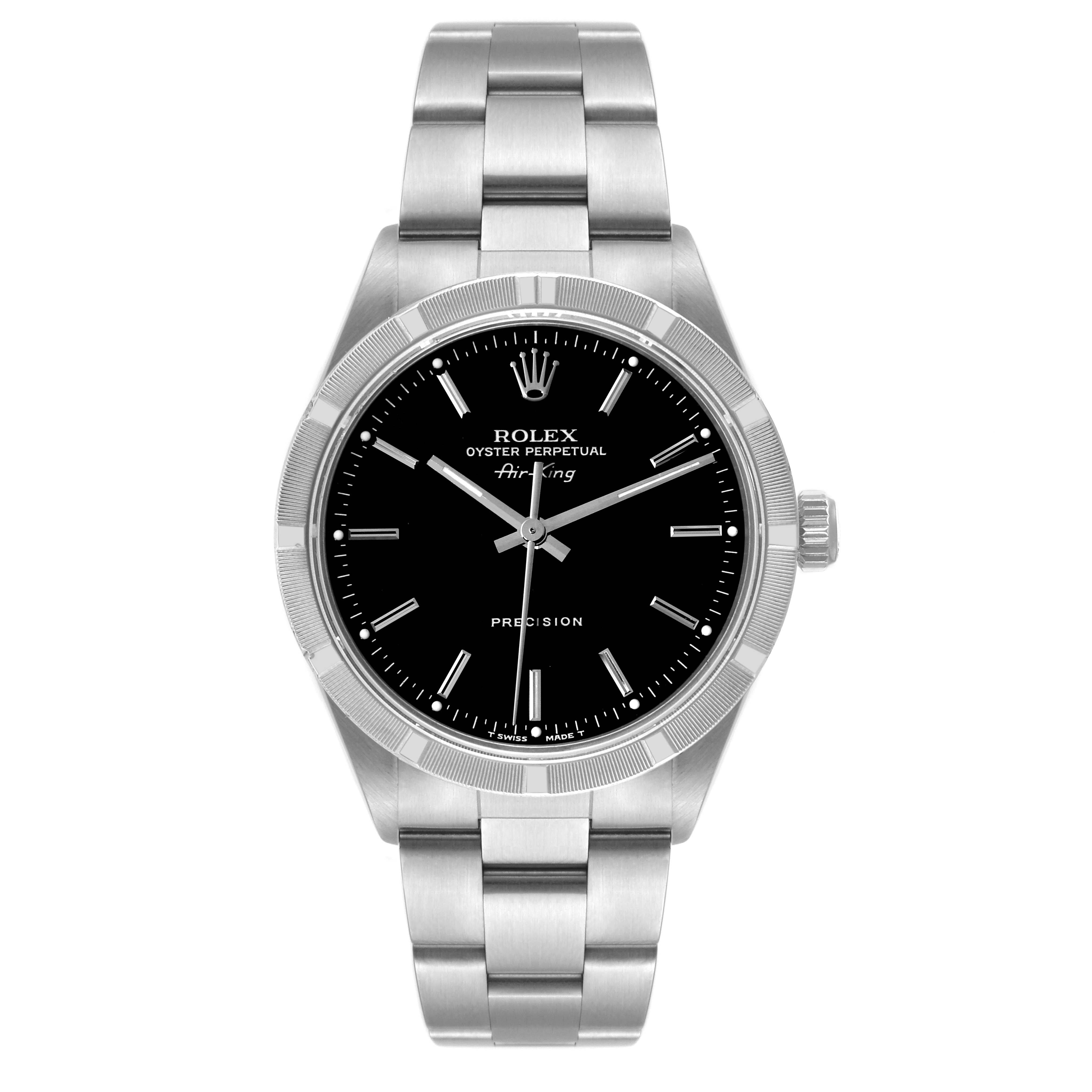 The Rolex Air-King 14010 Men's Stainless Steel Black Dial 14010 Men's Stainless Steel Black Dial watch is shown from a front view, displaying its dial, hands, bezel, and bracelet.