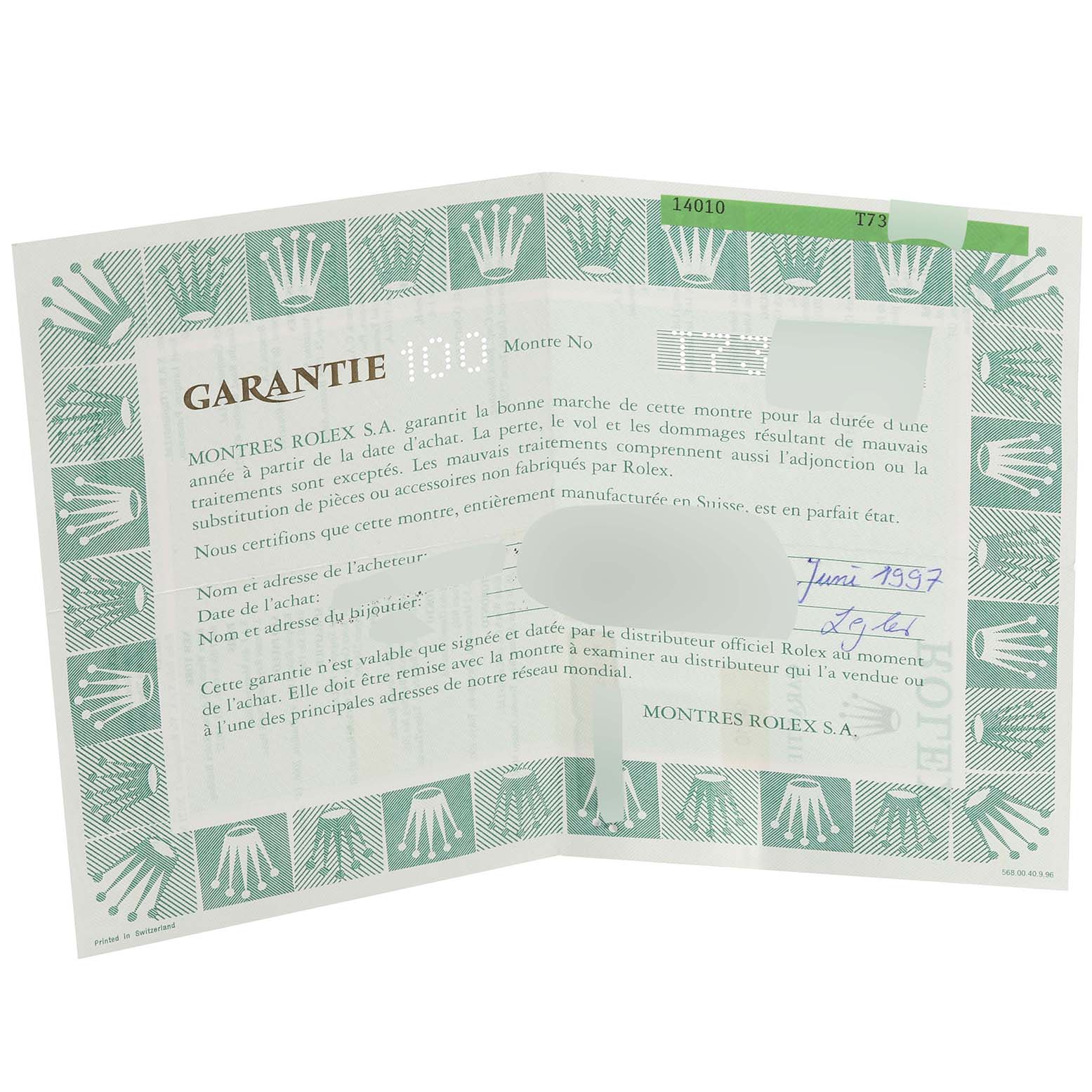 This is a warranty certificate for a Rolex Air-King 14010 Men's Stainless Steel Black Dial 14010 Men's Stainless Steel Black Dial watch, showing purchase details and terms in French.