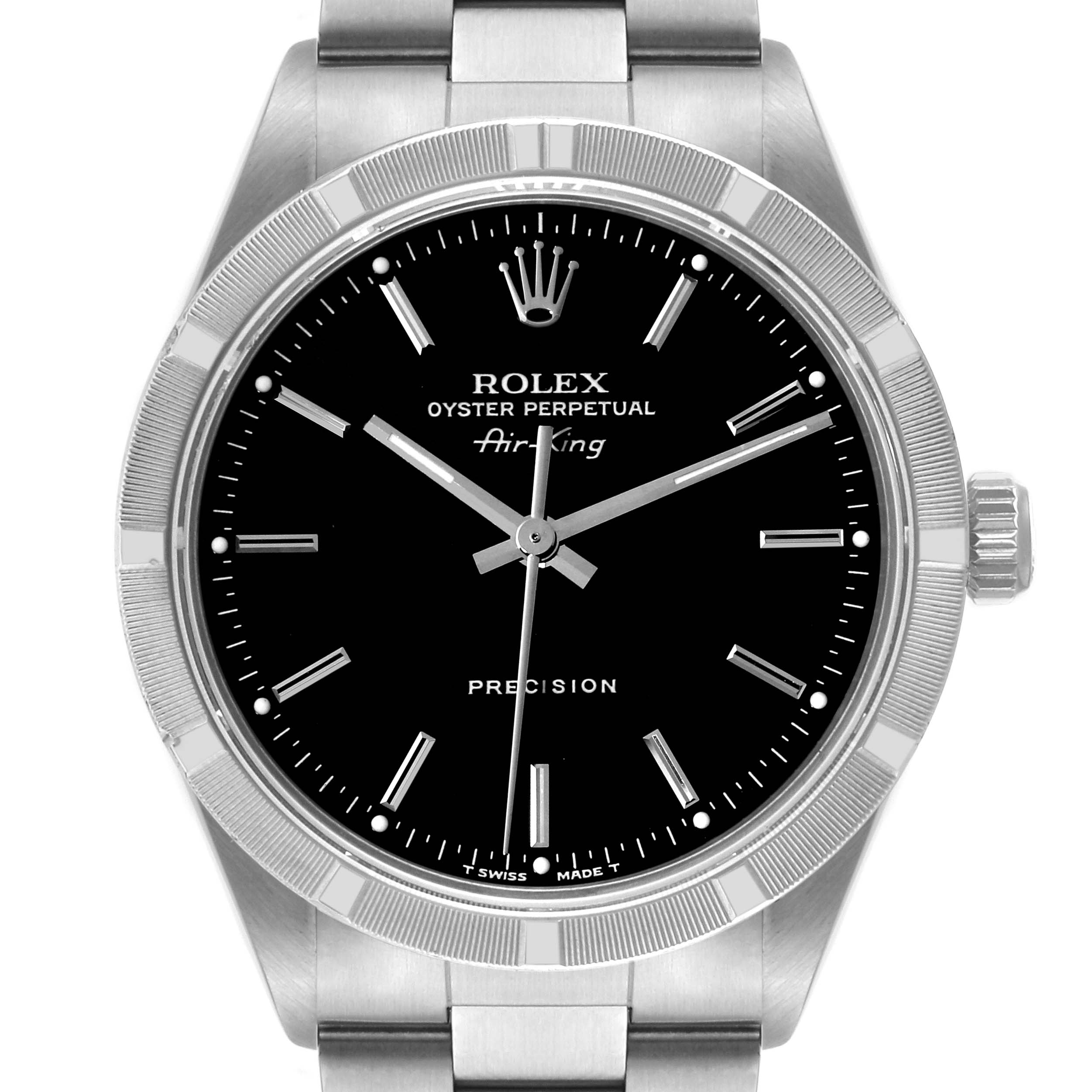 The image shows a front view of the Rolex Air-King 14010 Men's Stainless Steel Black Dial 14010 Men's Stainless Steel Black Dial watch, highlighting the bezel, dial, hands, crown, and part of the bracelet.