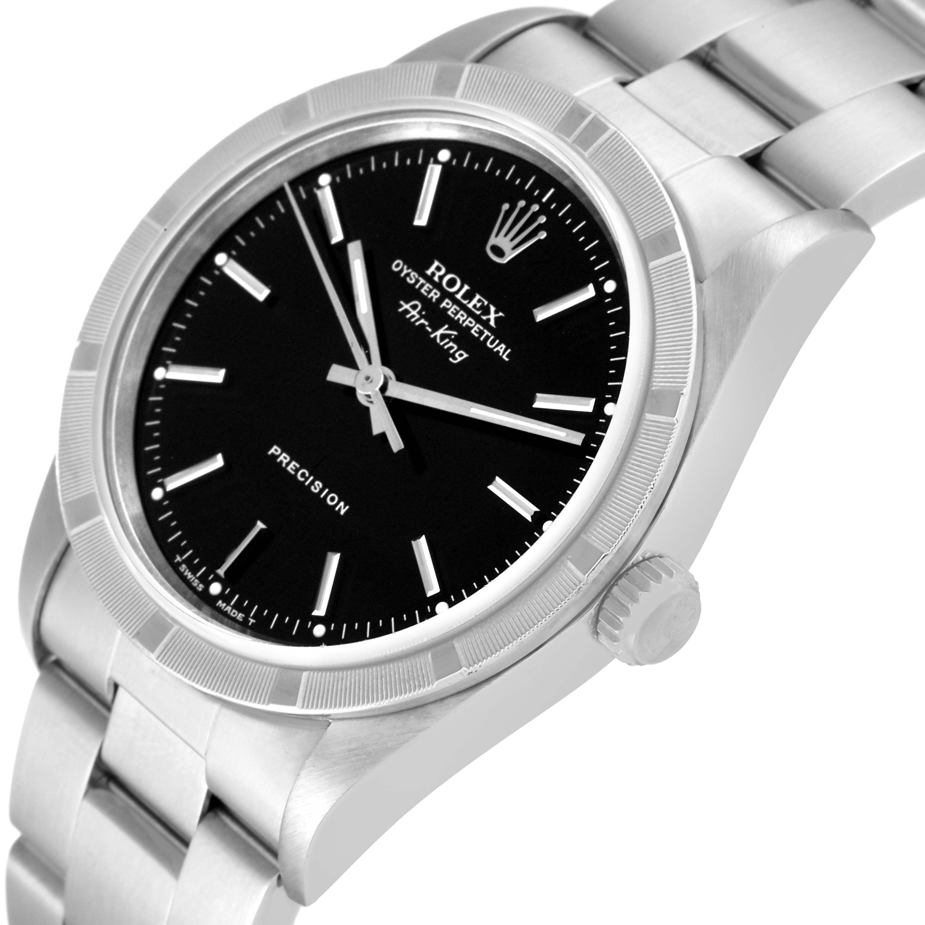 The image shows a close-up angle of a Rolex Air-King 14010 Men's Stainless Steel Black Dial 14010 Men's Stainless Steel Black Dial watch, highlighting the face, bezel, crown, and part of the bracelet.