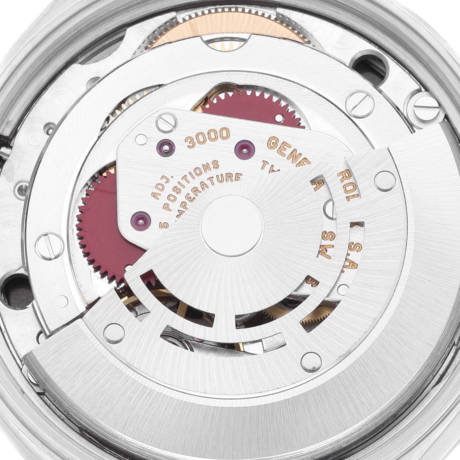 This image shows a close-up view of the internal movement mechanism of the Rolex Air-King 14010 Men's Stainless Steel Black Dial 14010 Men's Stainless Steel Black Dial watch.