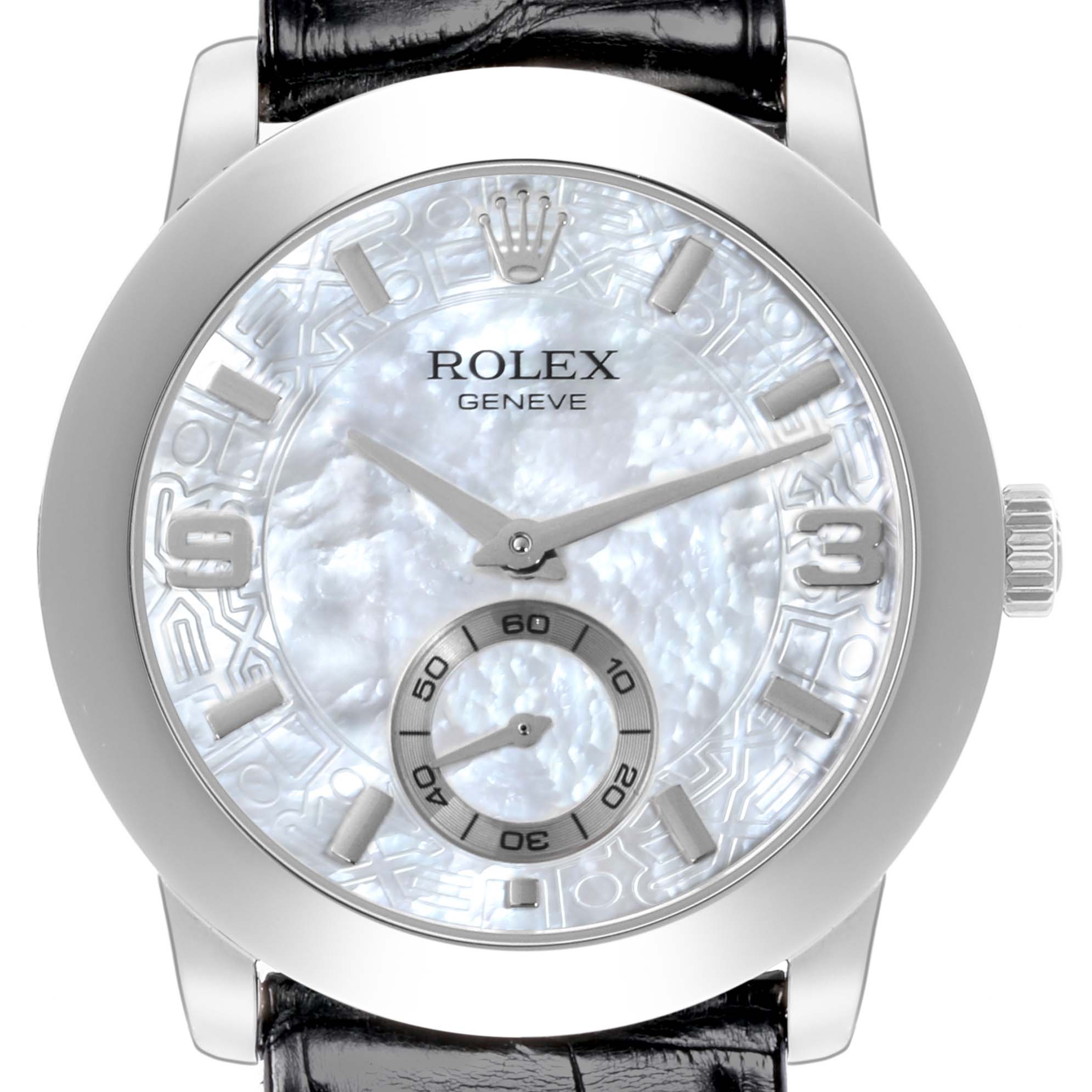 The Rolex Cellini 5240 Men's Platinum Mother of Pearl Dial 5240 Men's Platinum Mother of Pearl Dial watch is shown from a front angle, displaying the dial, hands, crown, and part of the leather strap.