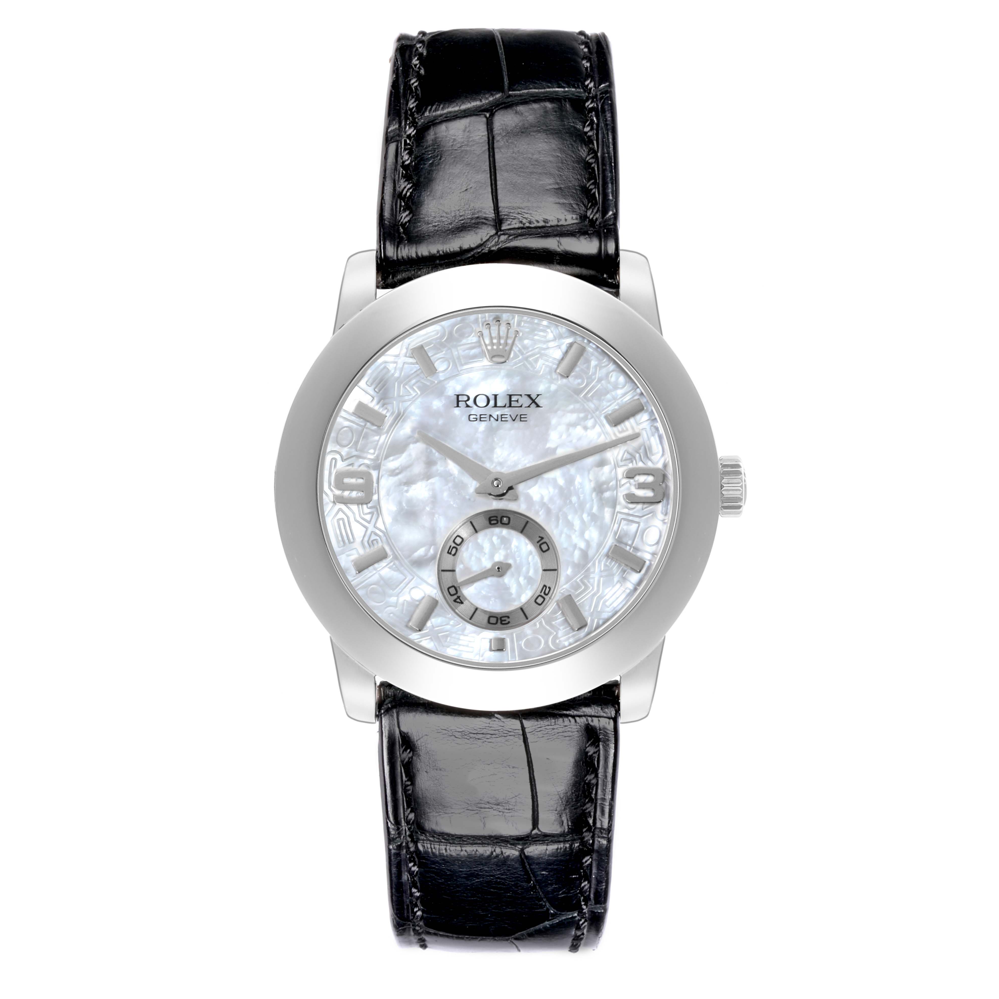 The Rolex Cellini 5240 Men's Platinum Mother of Pearl Dial 5240 Men's Platinum Mother of Pearl Dial watch is shown from a front angle, displaying its face, bezel, and leather strap.