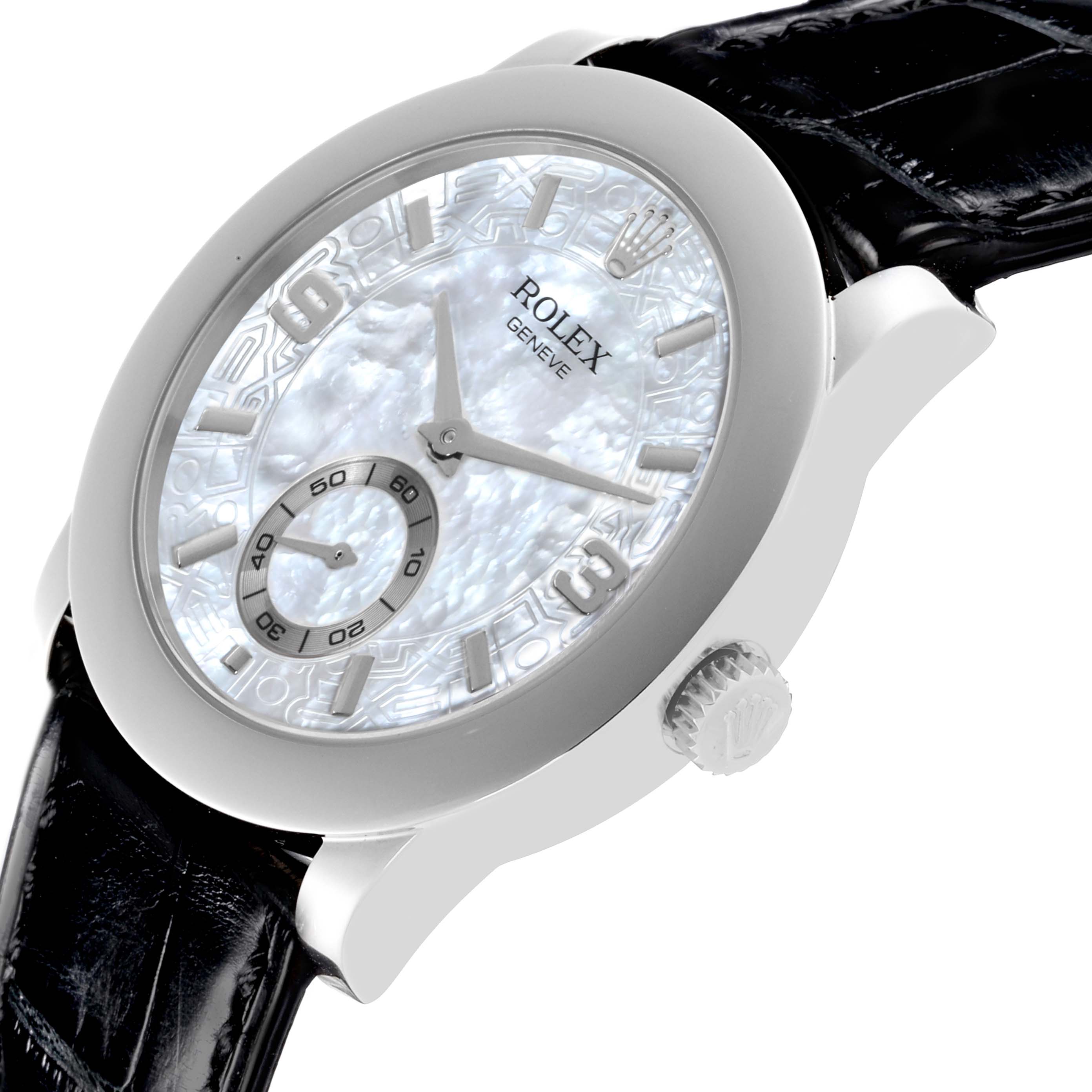 The Rolex Cellini 5240 Men's Platinum Mother of Pearl Dial 5240 Men's Platinum Mother of Pearl Dial watch is shown at an angle highlighting the dial, case, crown, and a portion of the strap.