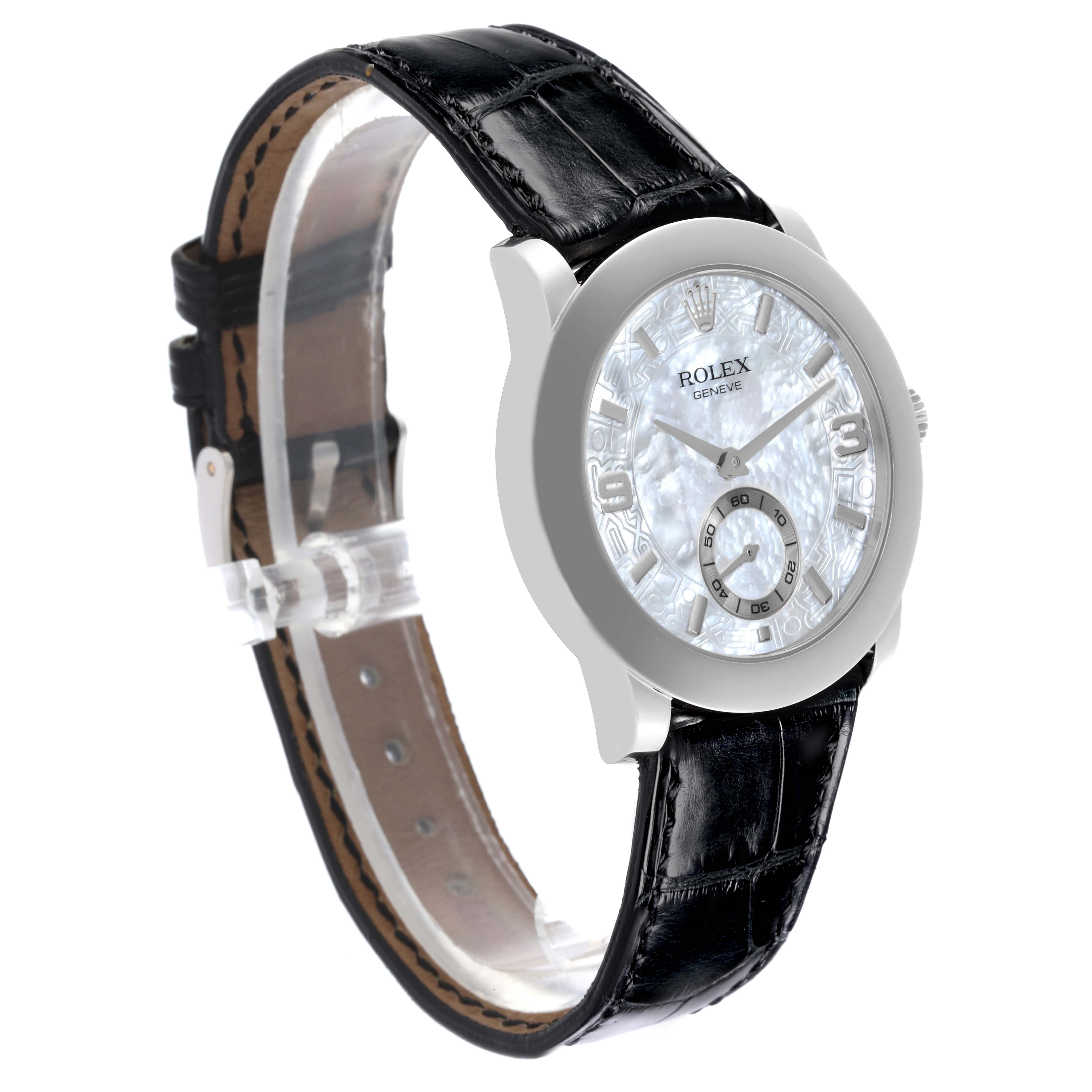 The Rolex Cellini 5240 Men's Platinum Mother of Pearl Dial 5240 Men's Platinum Mother of Pearl Dial watch is shown at a three-quarter angle, highlighting the face and leather strap.