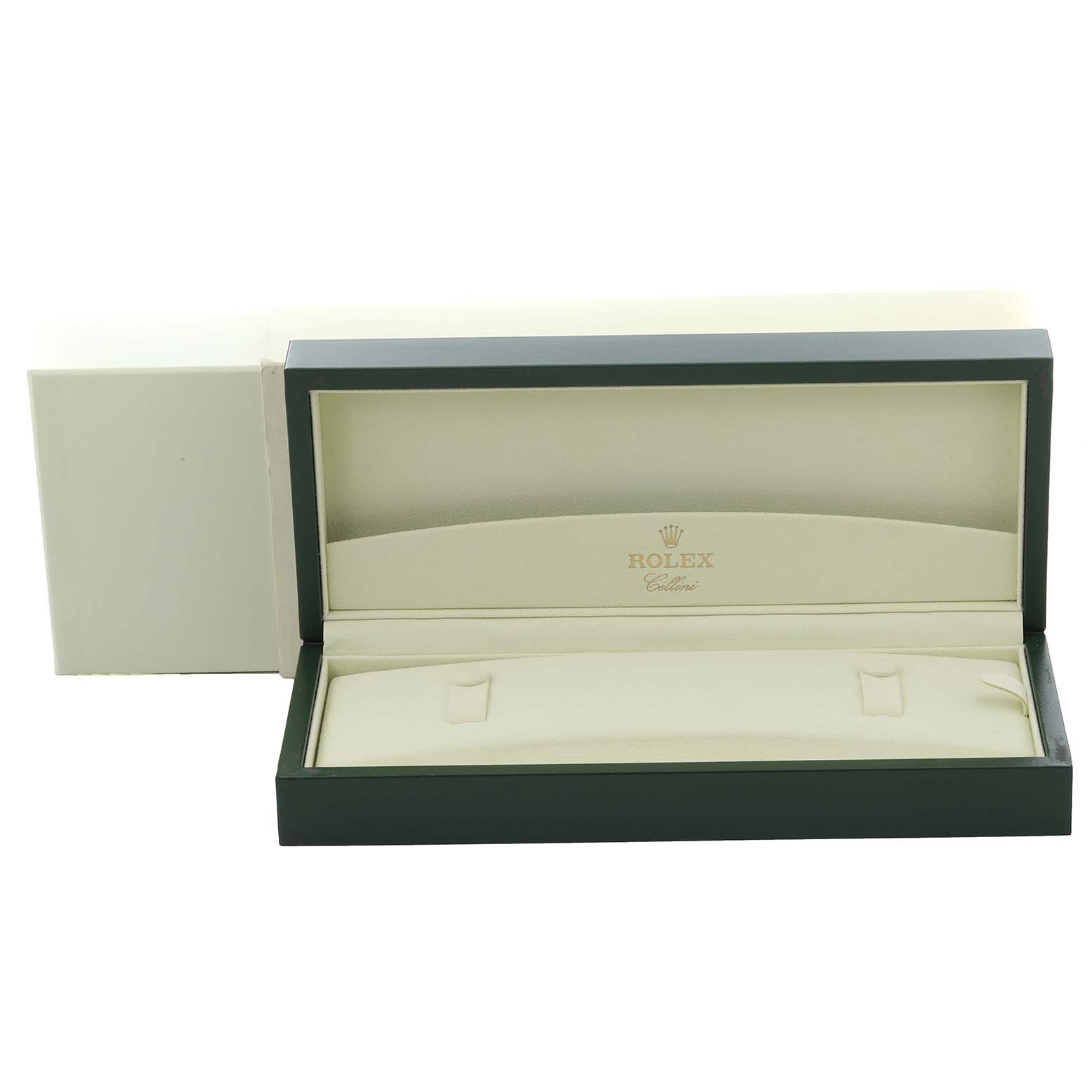 The image shows an open Rolex Cellini 5240 Men's Platinum Mother of Pearl Dial 5240 Men's Platinum Mother of Pearl Dial watch box from the front, displaying its interior with the brand logo.