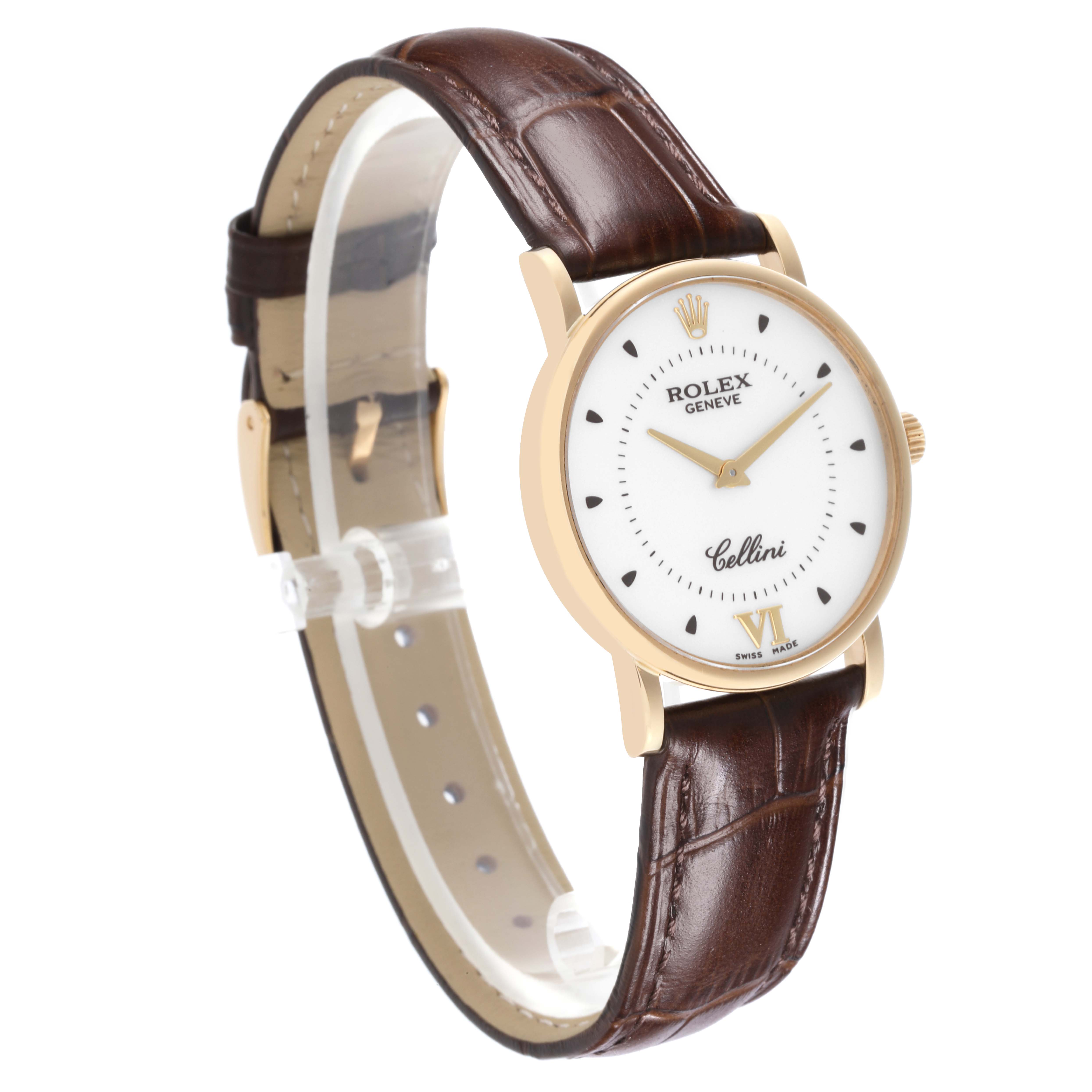 The Rolex Cellini 5115 Men's Yellow Gold Silver Dial 5115 Men's Yellow Gold Silver Dial watch is shown at a three-quarter angle, displaying its dial, bezel, and brown leather strap.
