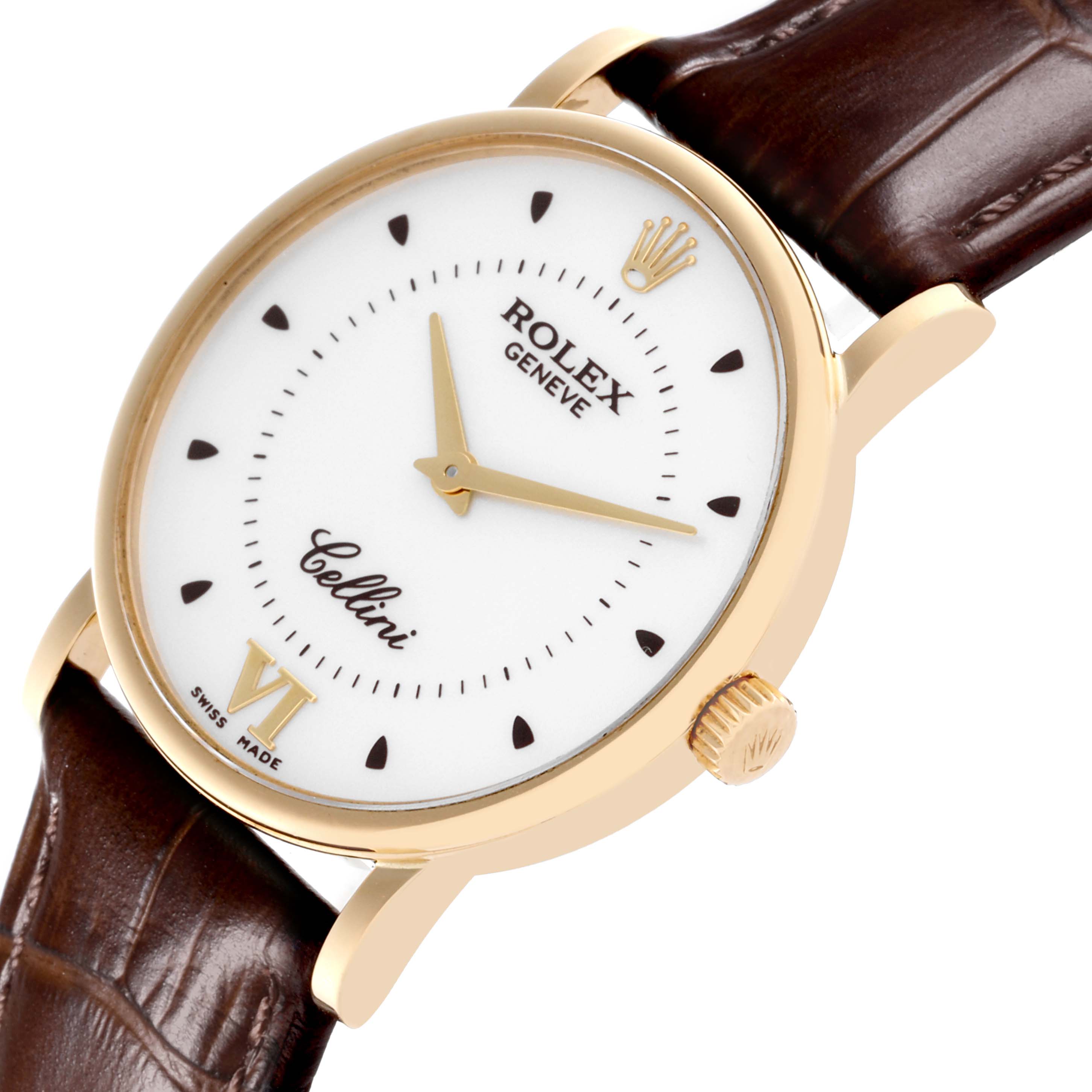 The Rolex Cellini 5115 Men's Yellow Gold Silver Dial 5115 Men's Yellow Gold Silver Dial watch is shown at an angled view, highlighting the face, case, crown, and part of the leather strap.