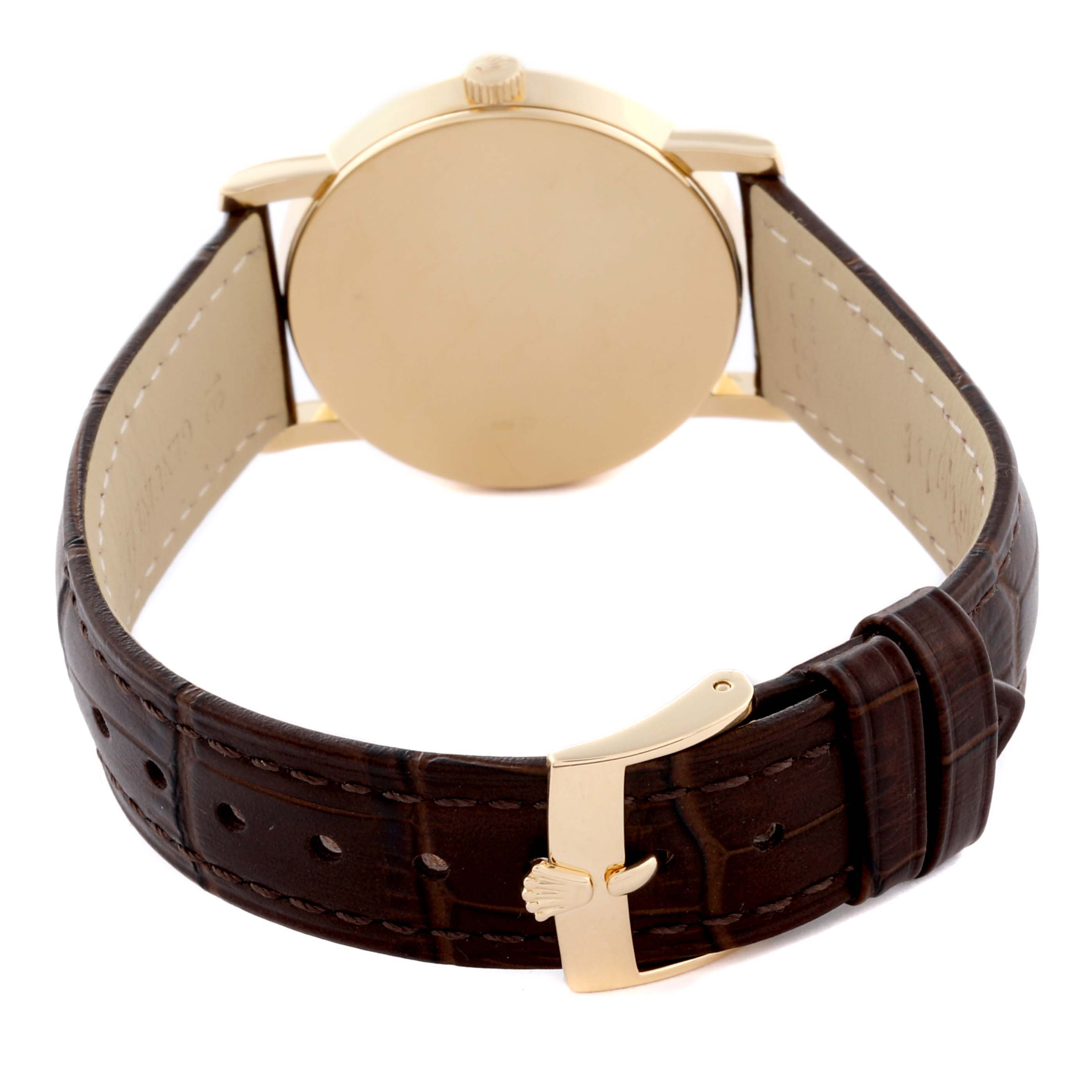 The image shows the back view of a Rolex Cellini 5115 Men's Yellow Gold Silver Dial 5115 Men's Yellow Gold Silver Dial watch, highlighting its brown strap and gold-tone buckle.