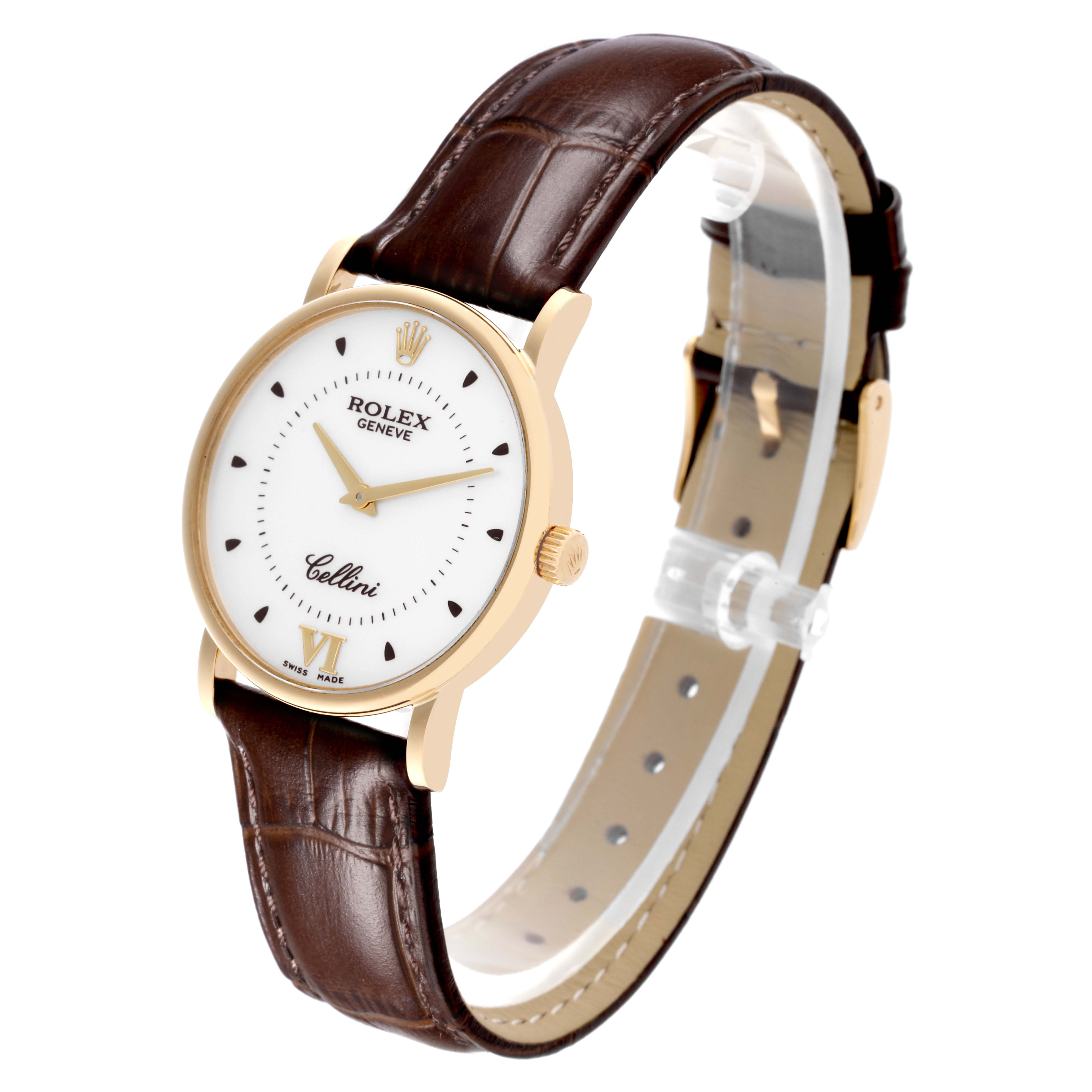 The Rolex Cellini 5115 Men's Yellow Gold Silver Dial 5115 Men's Yellow Gold Silver Dial watch is shown from a slight angle, highlighting the dial, case, and leather strap.