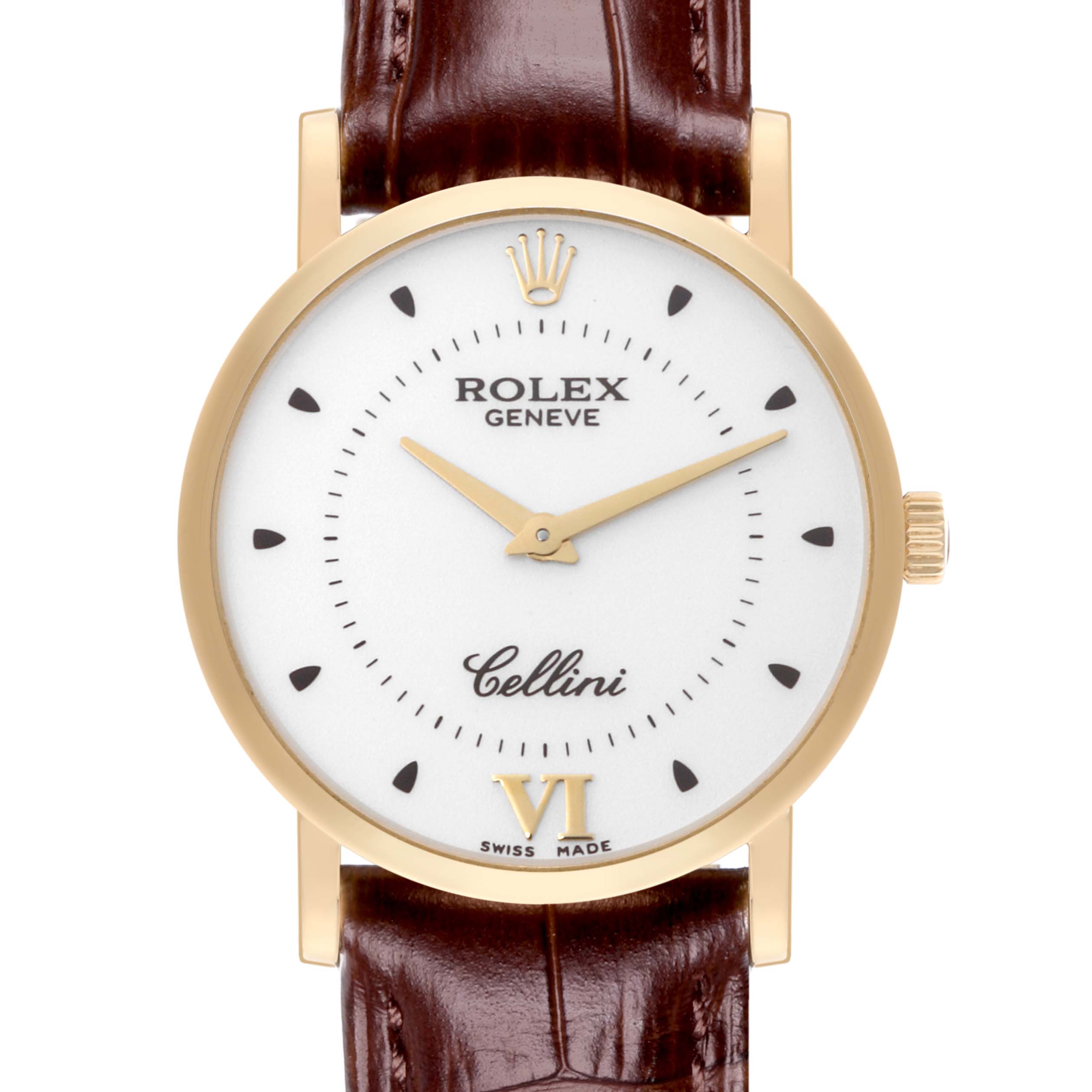 The Rolex Cellini 5115 Men's Yellow Gold Silver Dial 5115 Men's Yellow Gold Silver Dial watch is shown from a front view, displaying the face, hands, crown, and part of the leather strap.