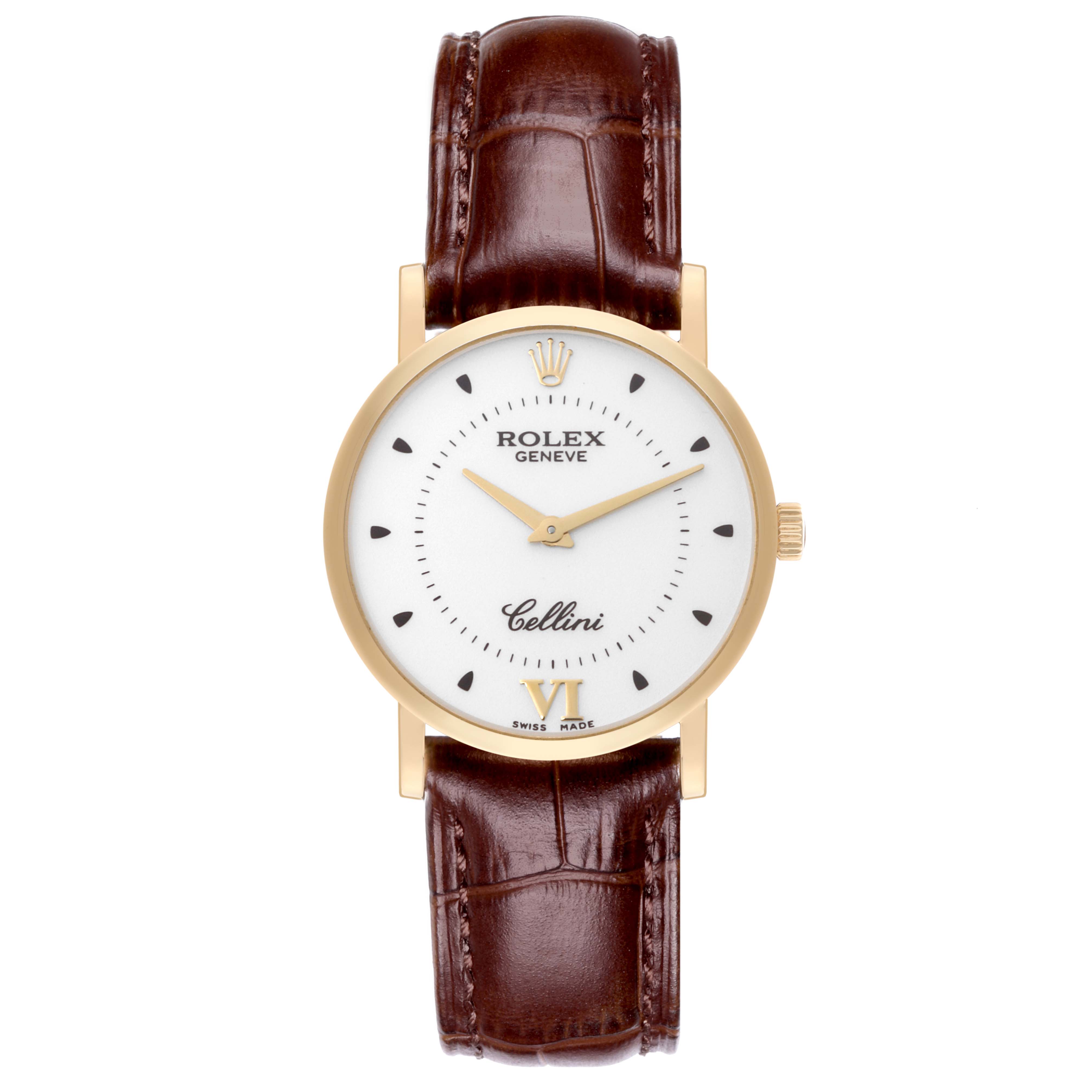 The Rolex Cellini 5115 Men's Yellow Gold Silver Dial 5115 Men's Yellow Gold Silver Dial watch is shown from a top-down angle, displaying the dial, hands, crown, and leather strap.
