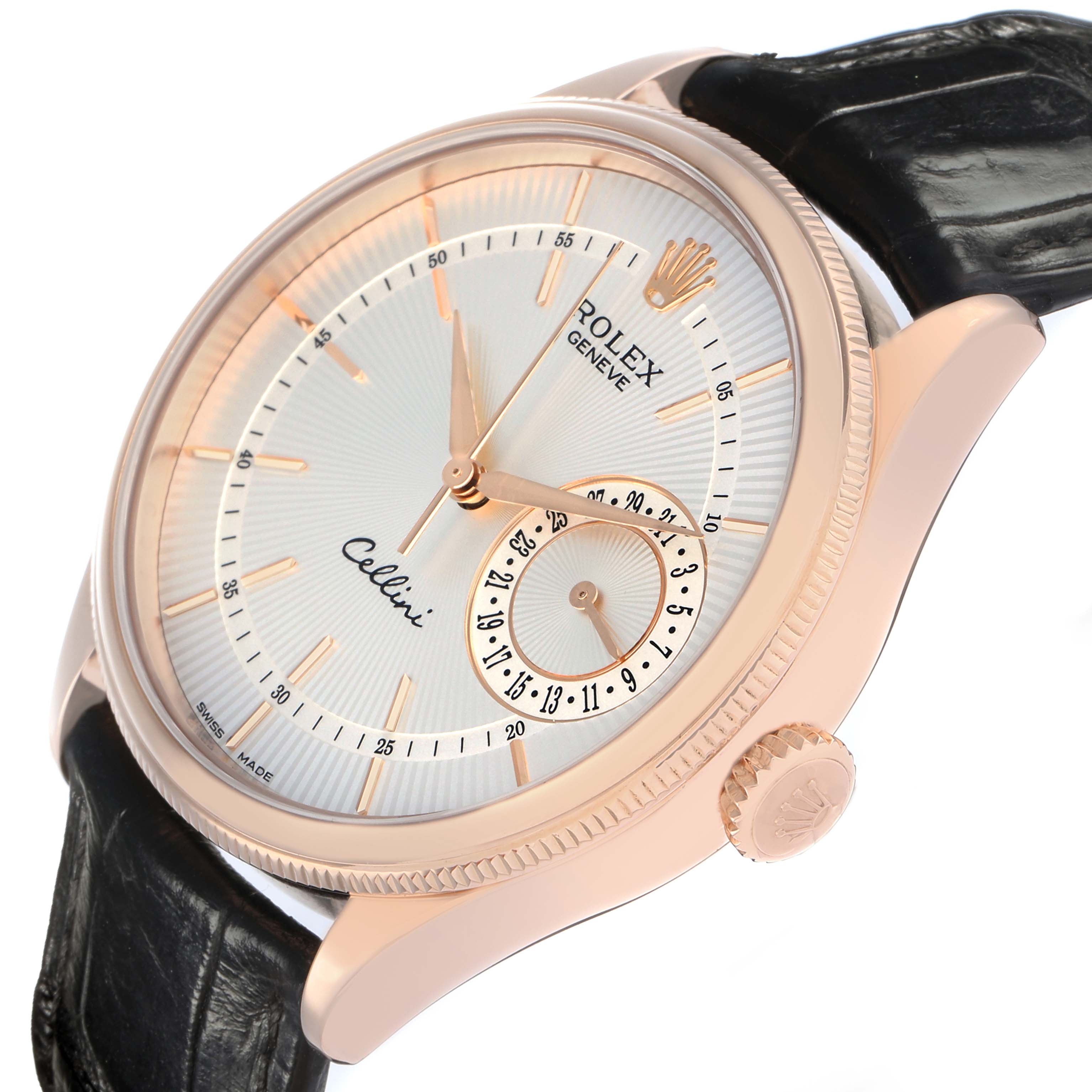 The Rolex Cellini 50515 Men
s Rose Gold Silver Dial watch is shown from an oblique top angle, displaying the face, crown, and part of the black strap.