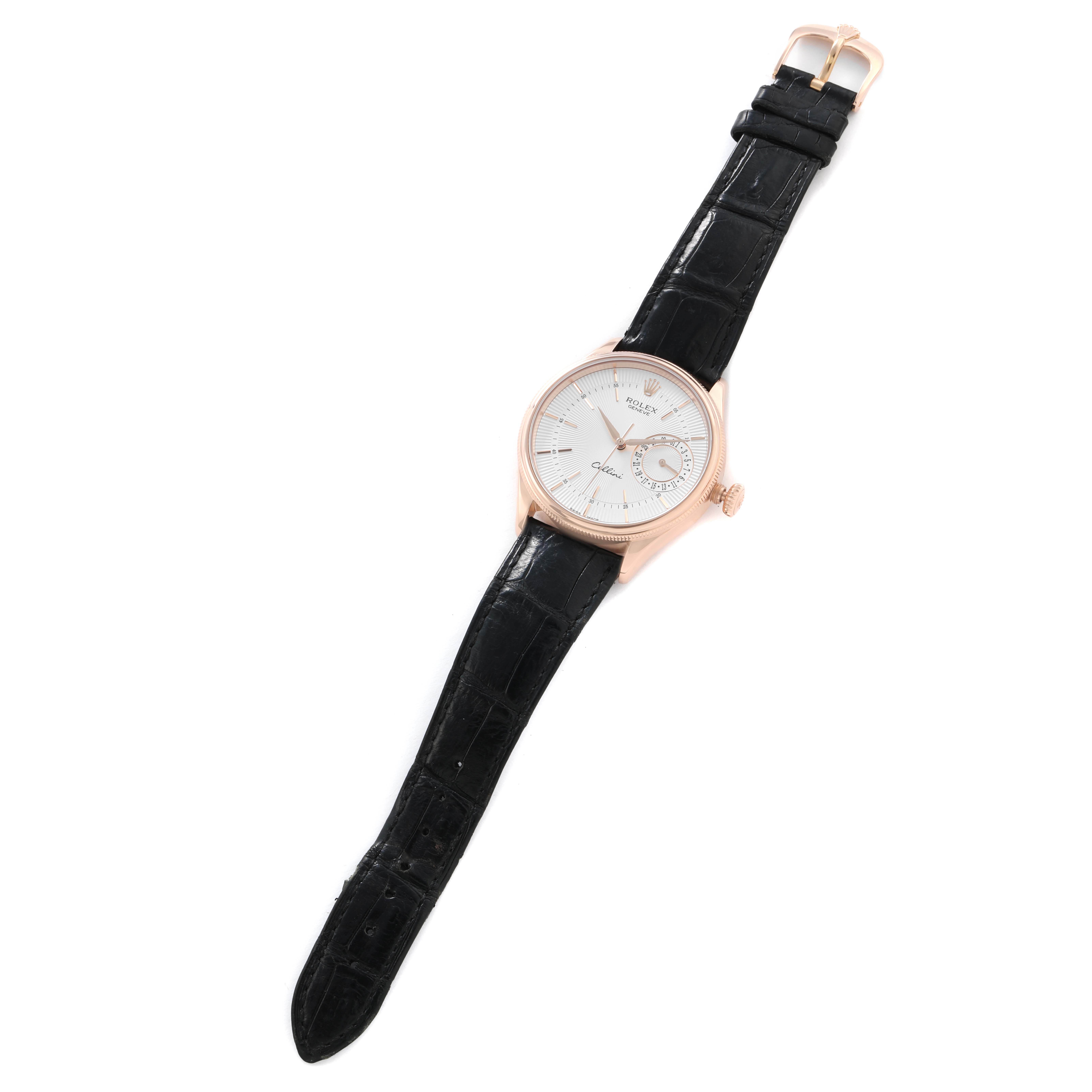 The Rolex Cellini 50515 Men
s Rose Gold Silver Dial watch is shown from a top-down angle, displaying the face, case, crown, and black leather strap.