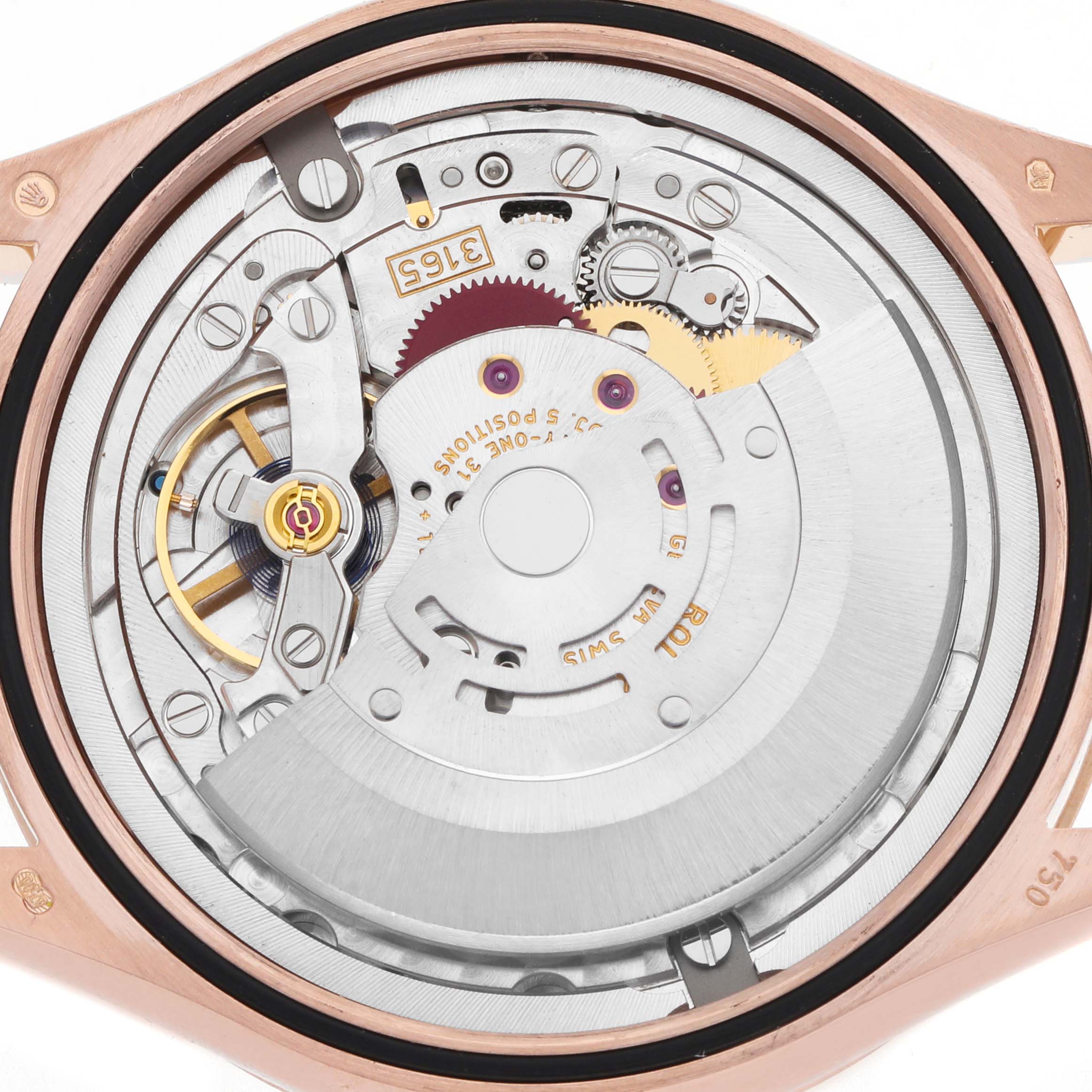 The image shows the Rolex Cellini 50515 Men
s Rose Gold Silver Dial
s movement from the back, highlighting gears and mechanisms.