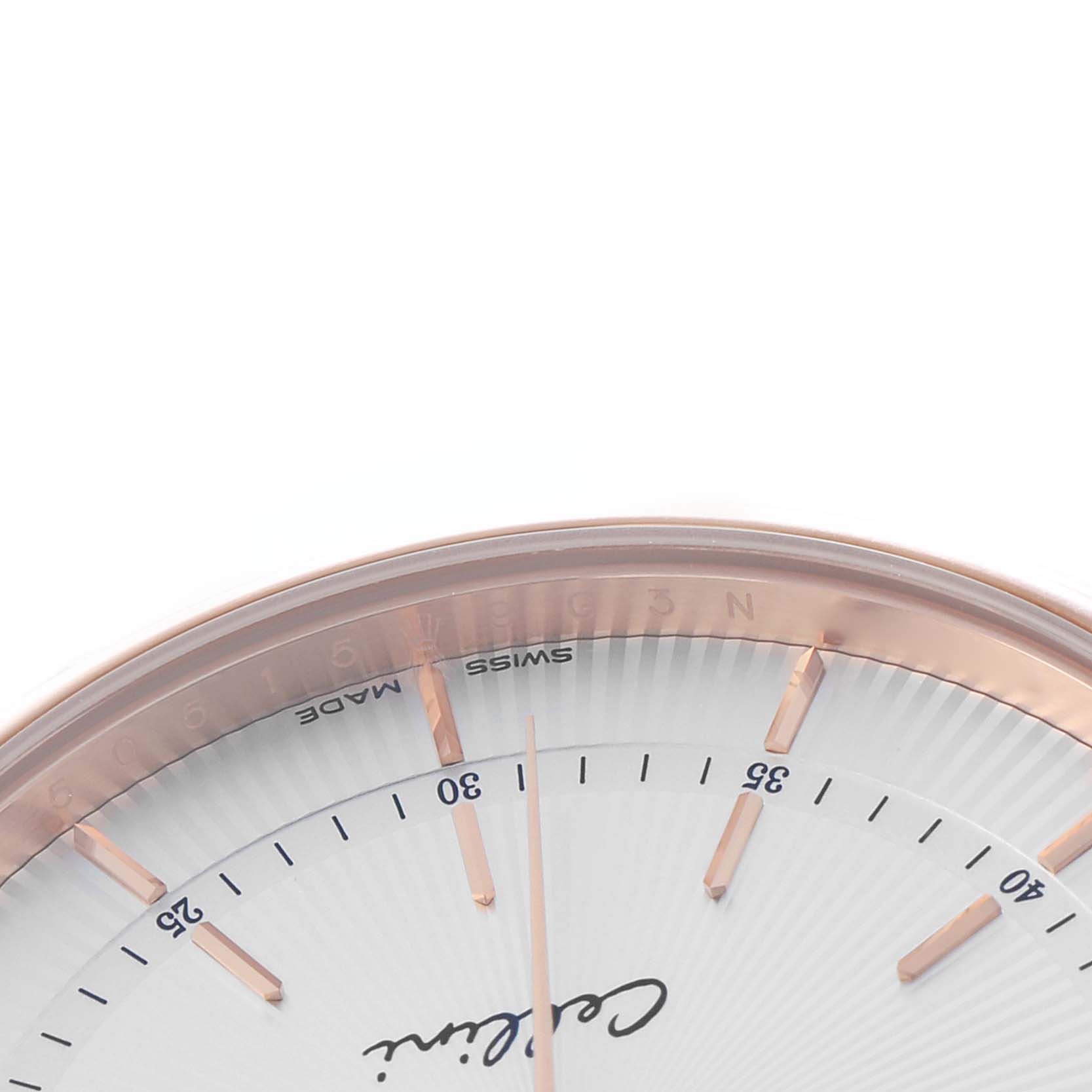 This shows a close-up of the Rolex Cellini 50515 Men
s Rose Gold Silver Dial watch, highlighting the dial, minute markers, and part of the bezel at an angle.