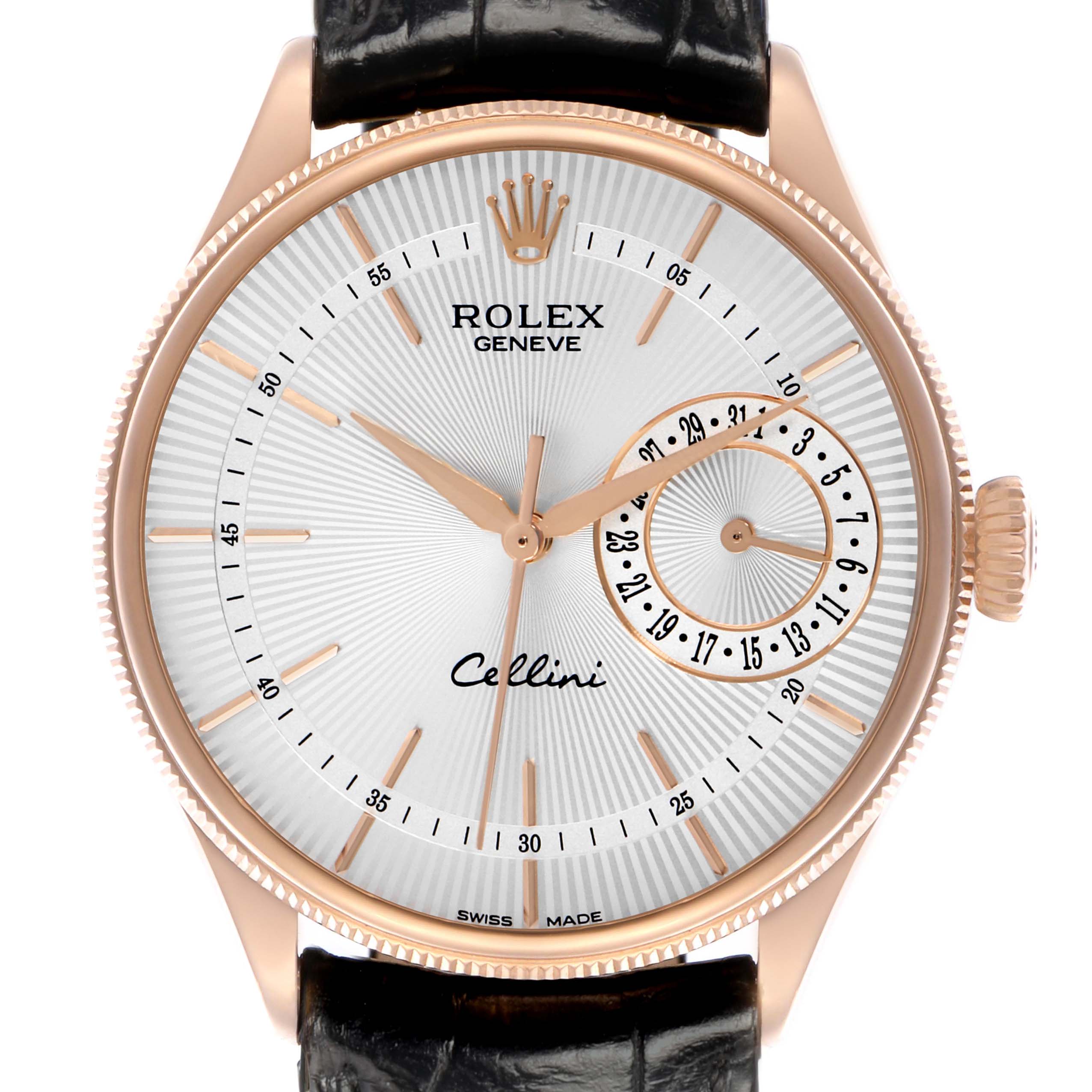 The Rolex Cellini 50515 Men
s Rose Gold Silver Dial watch is shown from the front, highlighting the dial, hands, crown, and the partial leather strap.
