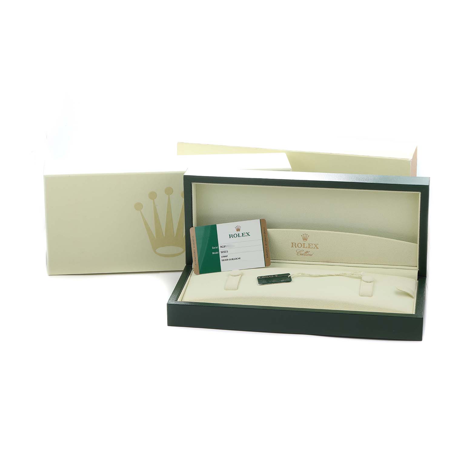 The image shows the open box of a Rolex Cellini 50515 Men
s Rose Gold Silver Dial watch, along with the warranty card and tags.