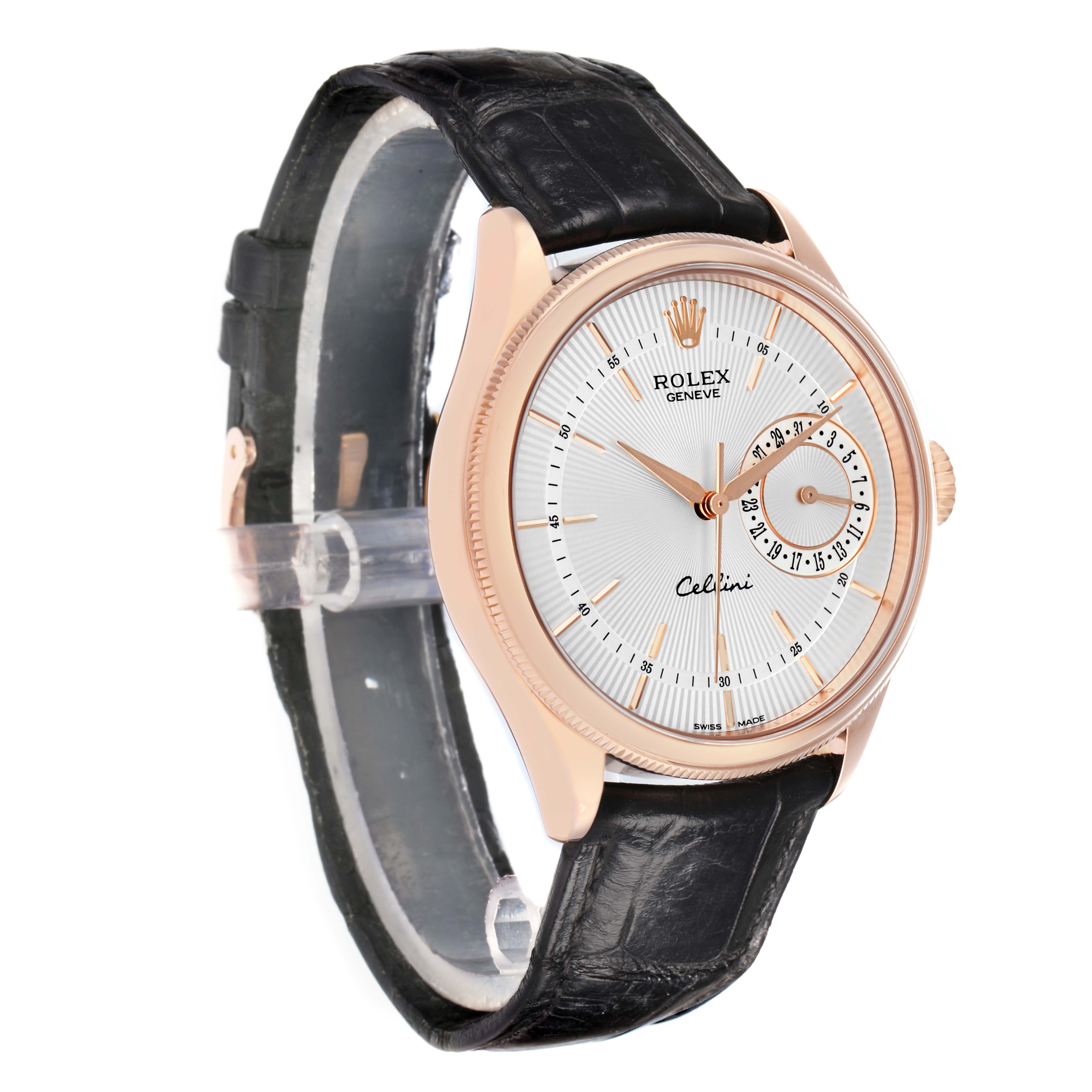 The Rolex Cellini 50515 Men
s Rose Gold Silver Dial watch is shown at a slight angle, featuring the dial, case, crown, and leather strap.