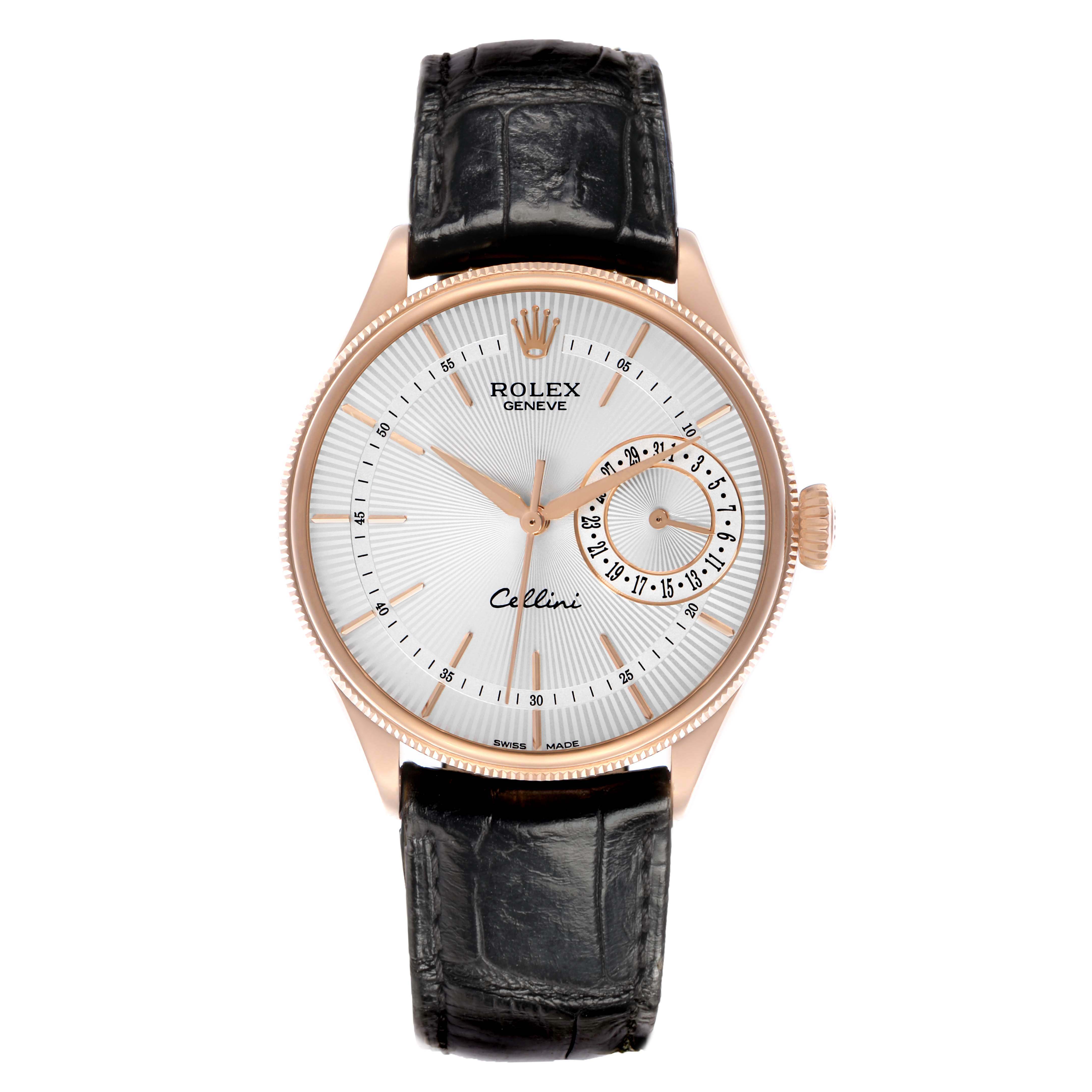 The Rolex Cellini 50515 Men
s Rose Gold Silver Dial watch is shown from a front view, highlighting the dial, crown, case, and leather strap.