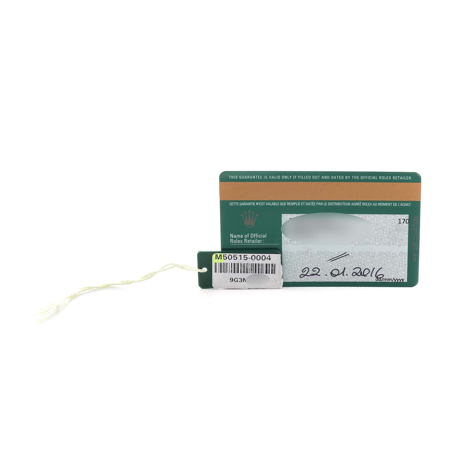 The image shows a warranty card with a tag for a Rolex Cellini 50515 Men
s Rose Gold Silver Dial watch, viewed from the front.