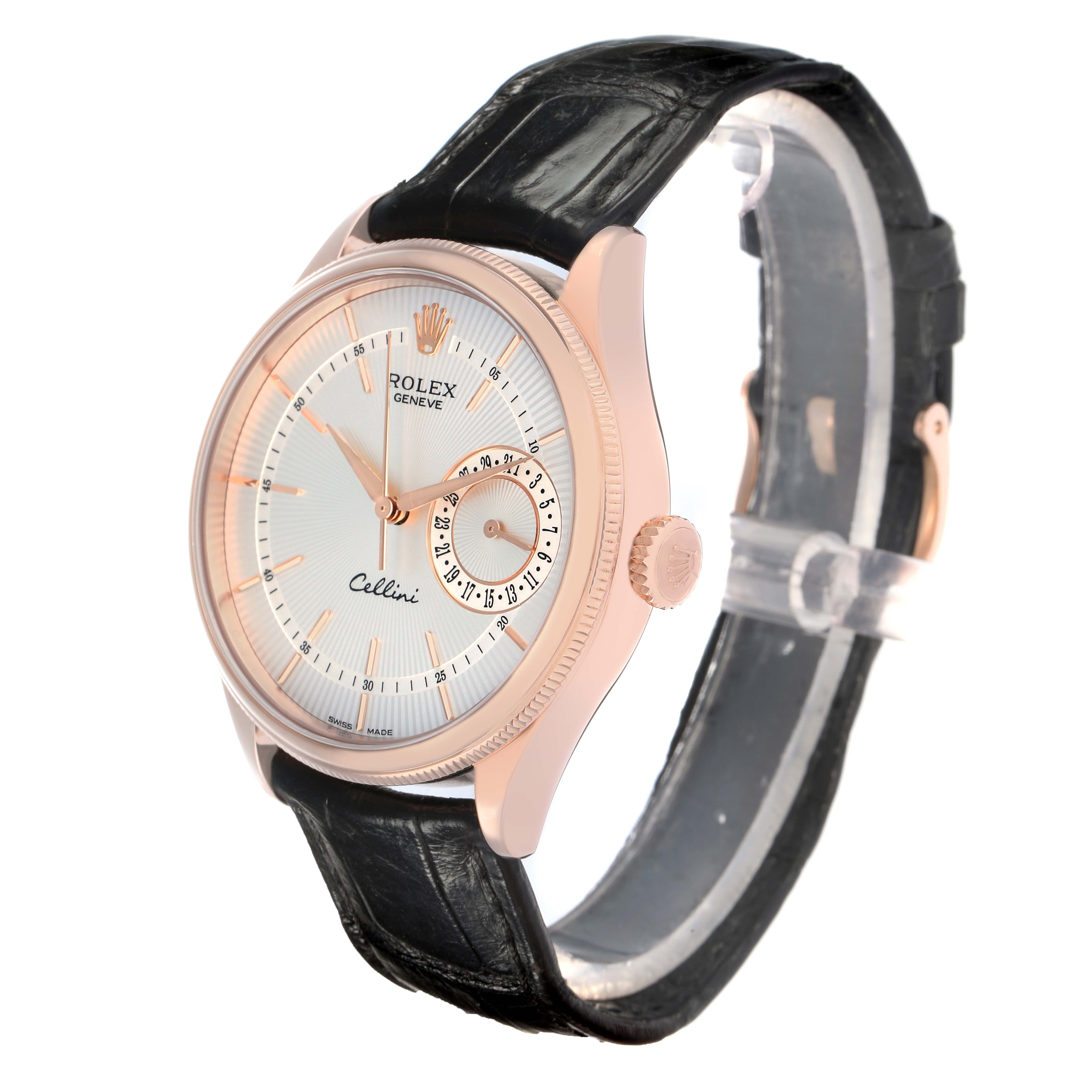 The Rolex Cellini 50515 Men
s Rose Gold Silver Dial watch is shown at a three-quarter angle, displaying the dial, bezel, crown, and black strap.