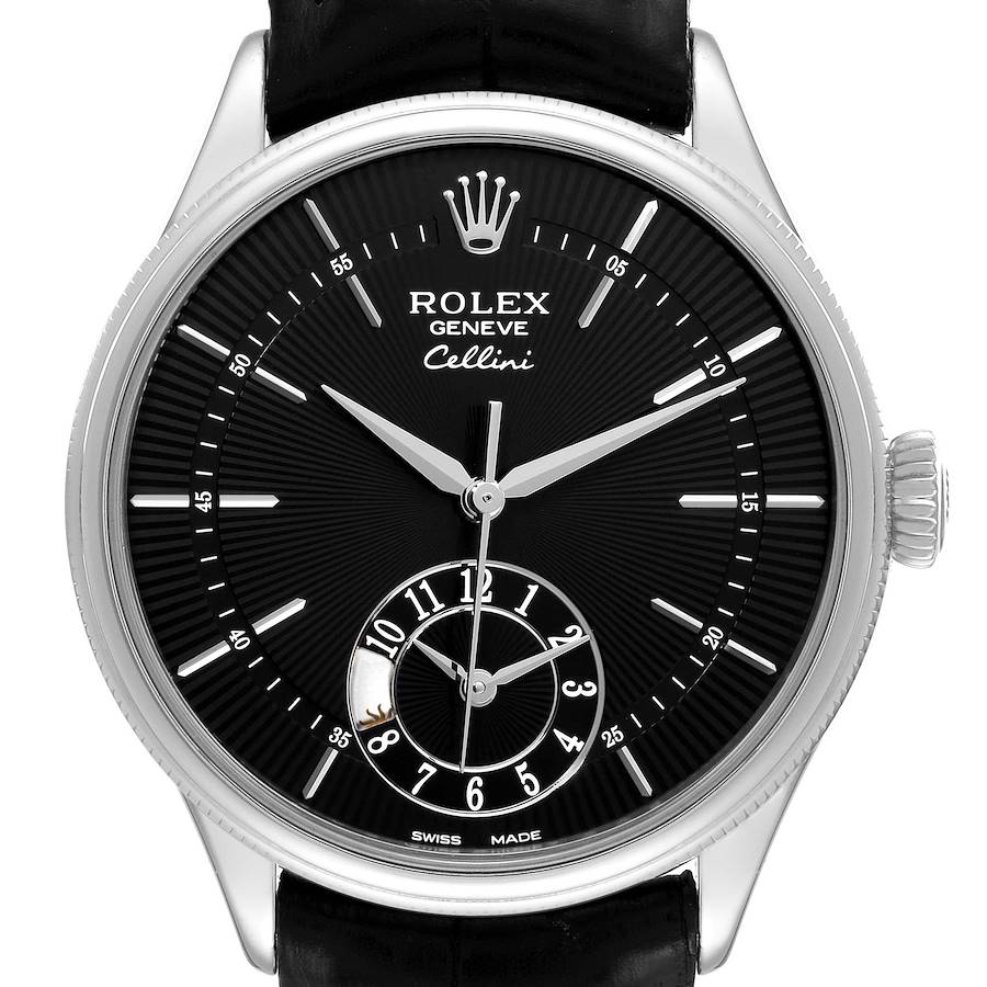 The Rolex Cellini watch is shown from the front, displaying the dial, hands, hour markers, and crown.