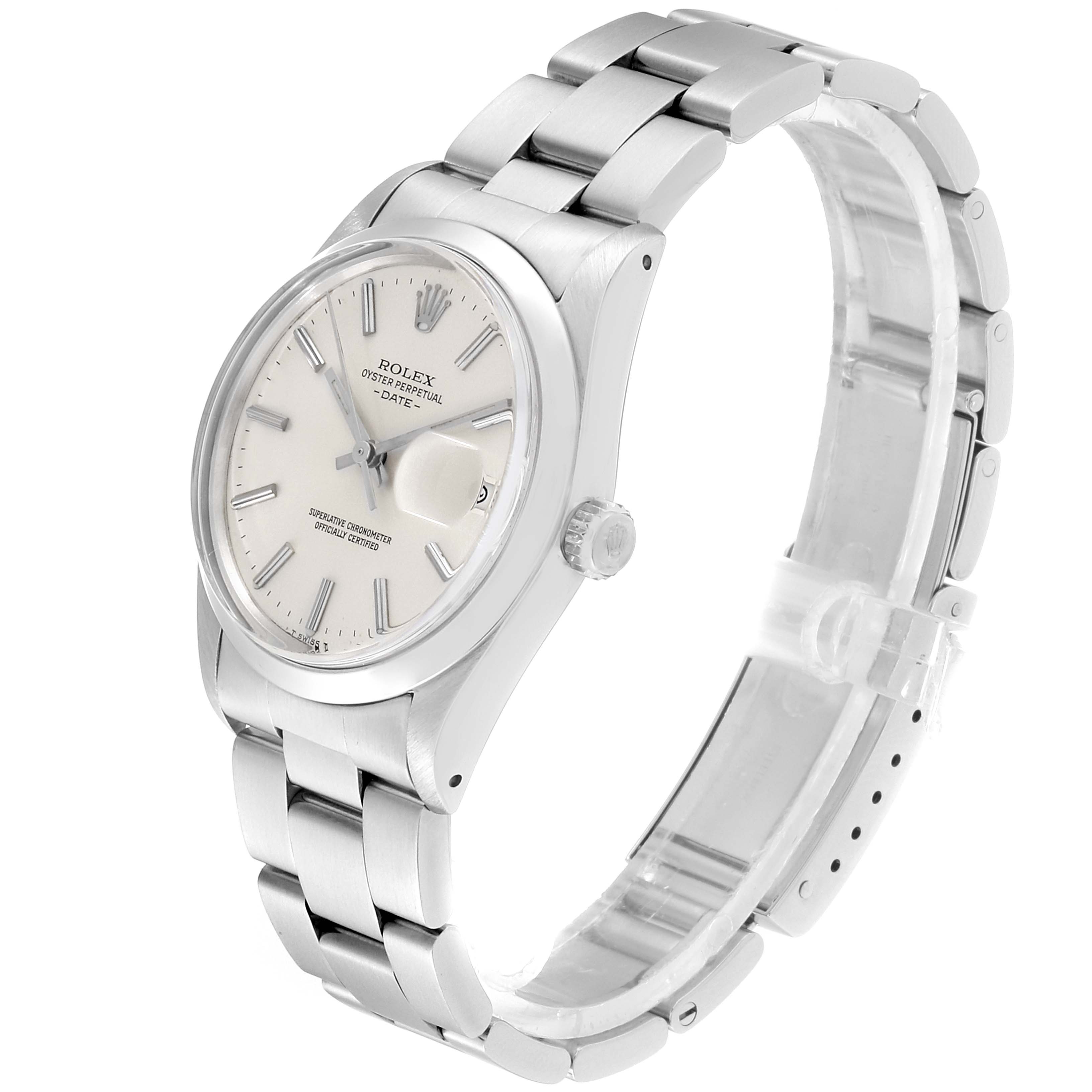 The image shows a side-front angle of the Rolex Vintage Collection 15000 Men's Stainless Steel Silver Dial 15000 Men's Stainless Steel Silver Dial watch, featuring its case, dial, and bracelet.