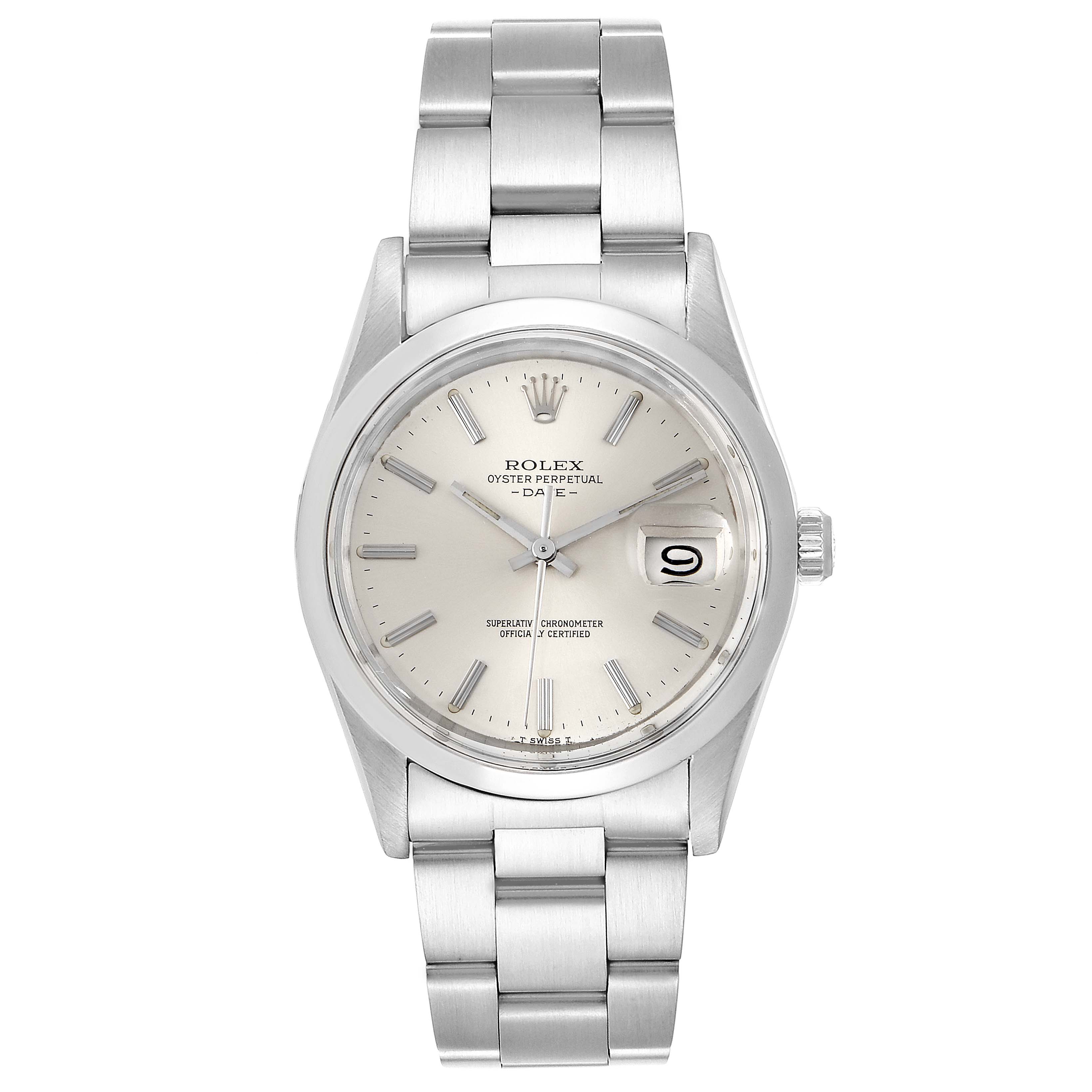 The image shows a Rolex Vintage Collection 15000 Men's Stainless Steel Silver Dial 15000 Men's Stainless Steel Silver Dial watch, displaying its face, band, and crown from a top-down angle.