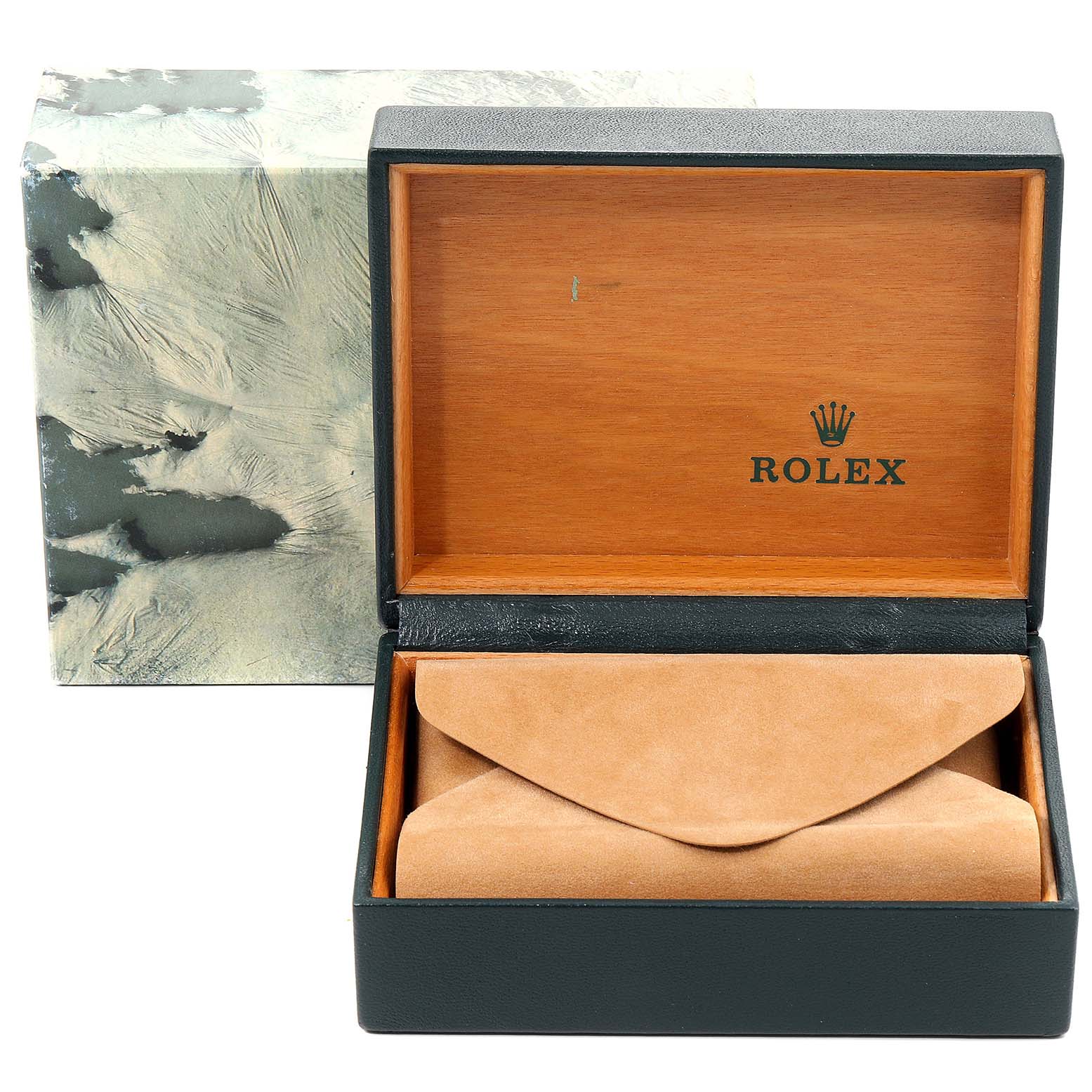 The image shows the open, empty box with a dust bag inside of the Rolex Vintage Collection 15000 Men's Stainless Steel Silver Dial 15000 Men's Stainless Steel Silver Dial watch from a frontal angle.