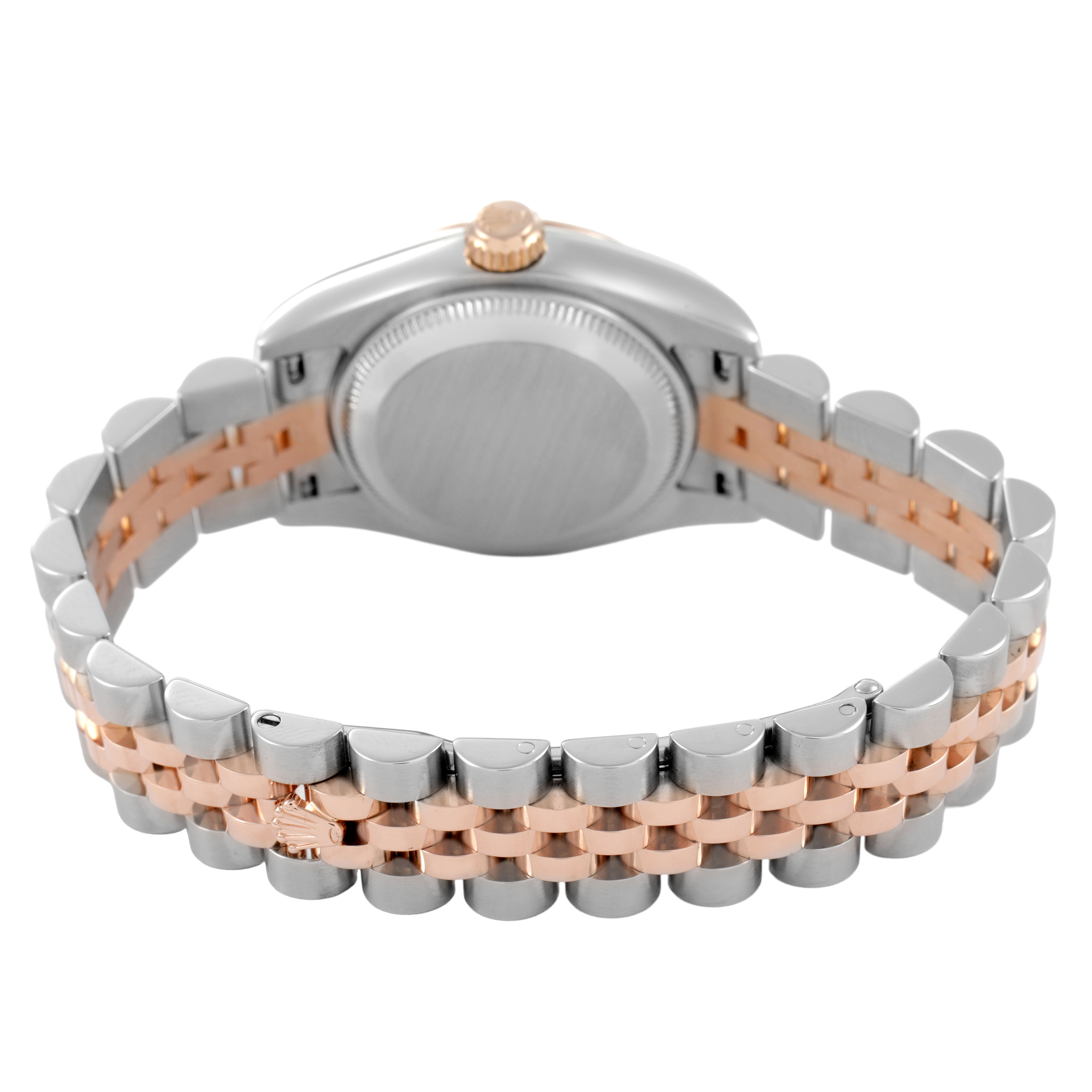 The Rolex Datejust 179171 Women's Steel and Gold (two tone) Silver Dial watch is shown from the back, displaying the case back, crown, and two-tone bracelet.