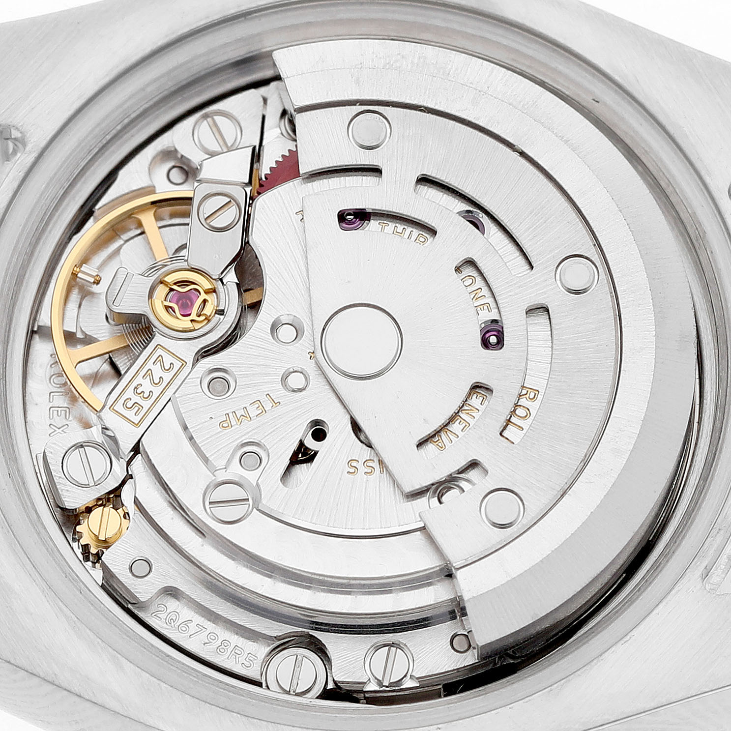 This image shows the intricate internal movement of the Rolex Datejust 179171 Women's Steel and Gold (two tone) Silver Dial watch from a top-down angle.