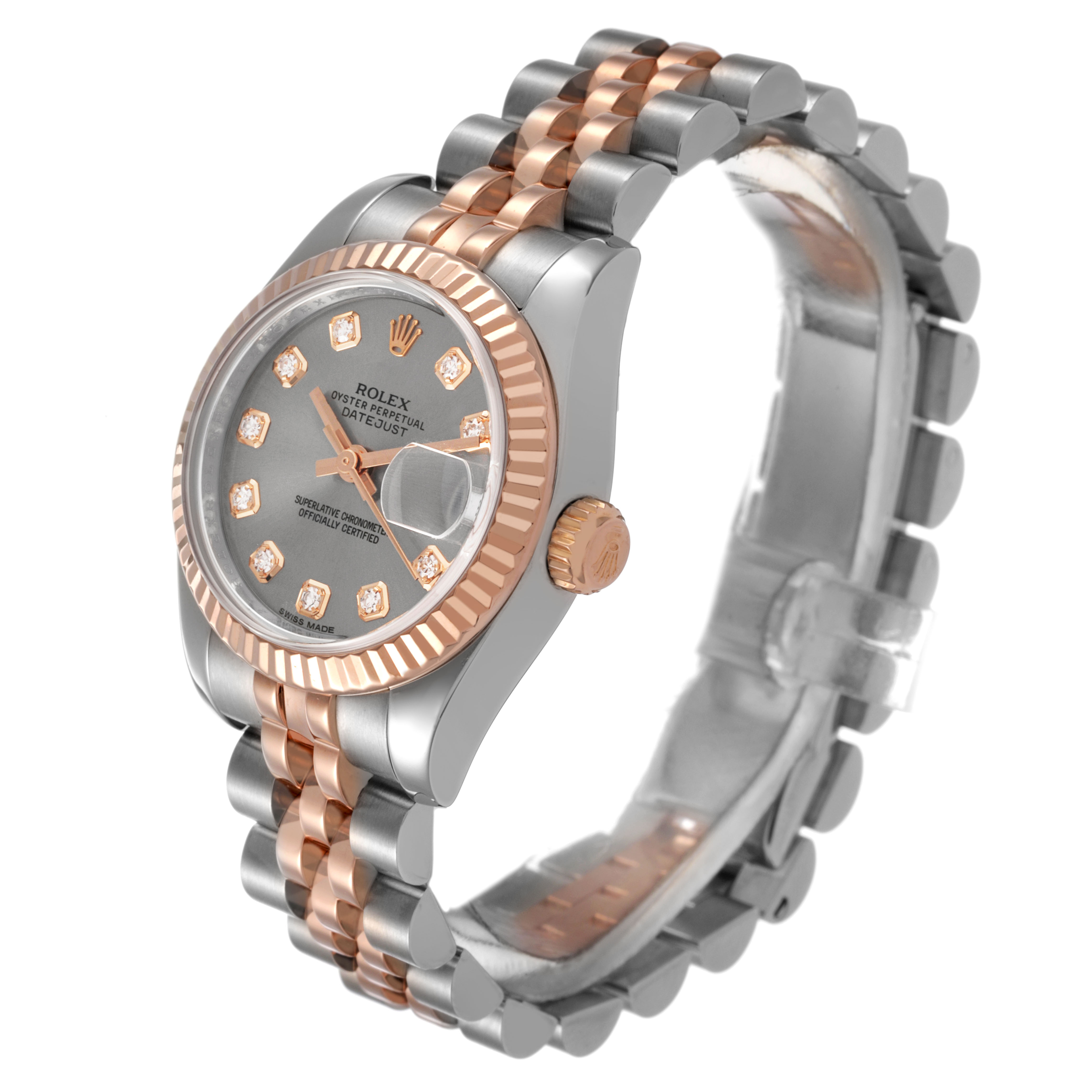 The Rolex Datejust 179171 Women's Steel and Gold (two tone) Silver Dial watch is shown at a three-quarter angle, displaying the dial, bezel, crown, and bracelet.