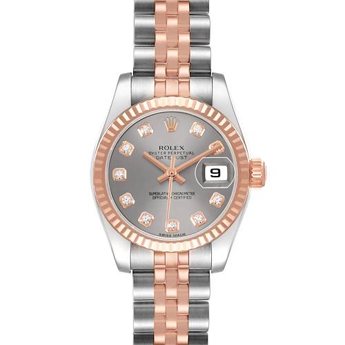 The Rolex Datejust 179171 Women's Steel and Gold (two tone) Silver Dial watch is shown from the front, displaying its face, bezel, and strap.