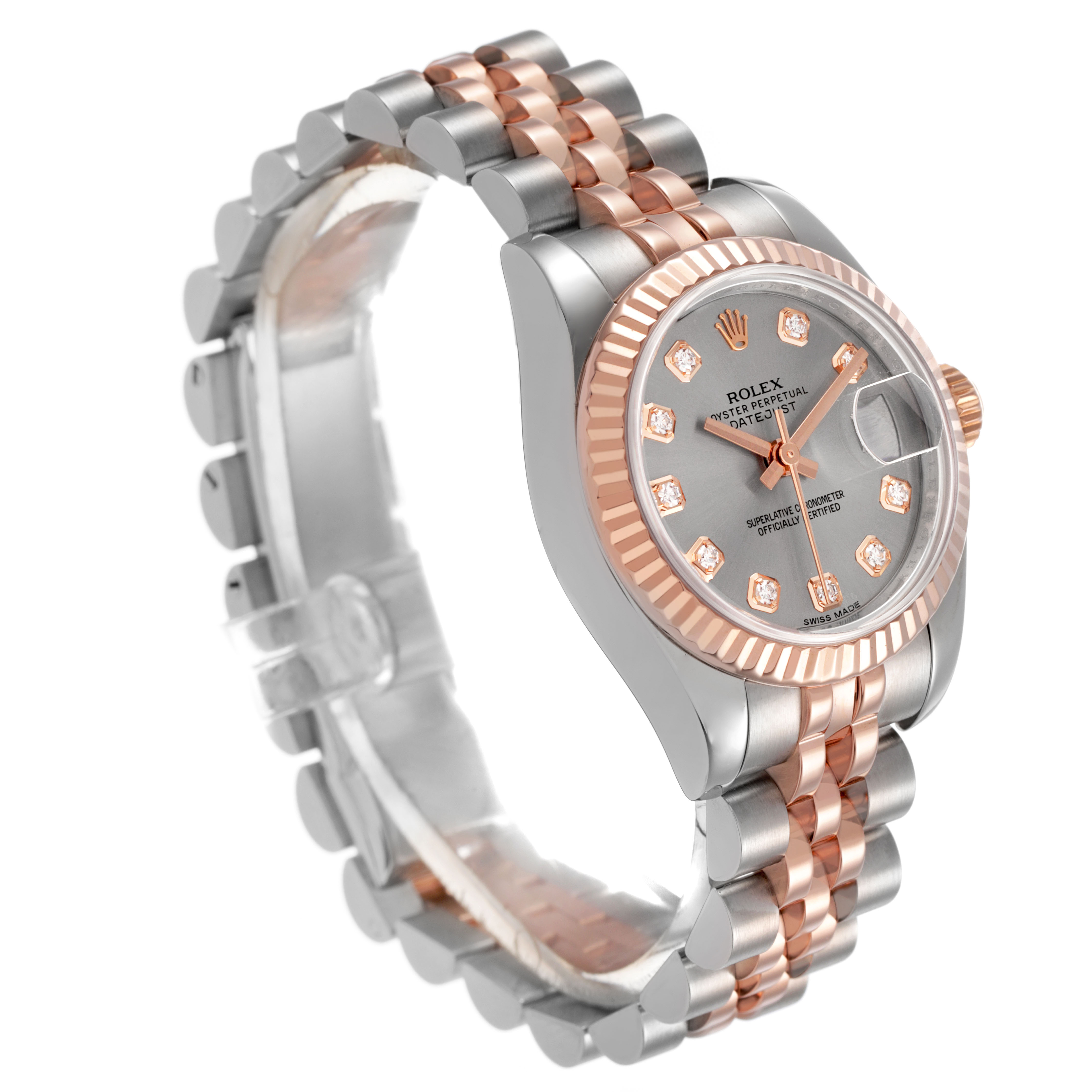 The Rolex Datejust 179171 Women's Steel and Gold (two tone) Silver Dial watch is shown at a three-quarter angle, highlighting the face, bezel, and bracelet links.