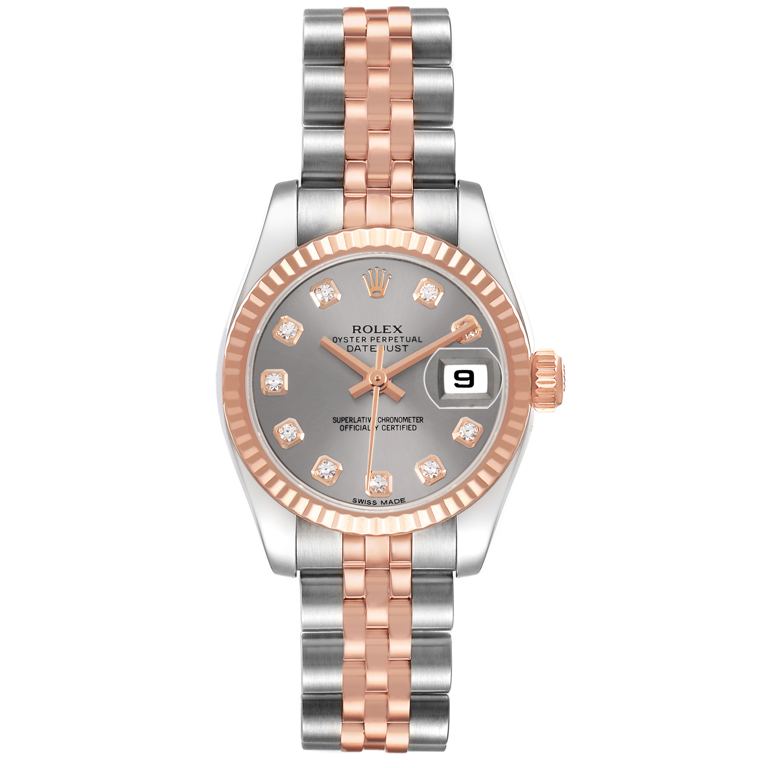 The Rolex Datejust 179171 Women's Steel and Gold (two tone) Silver Dial watch is shown from a top-down angle, displaying the face, hands, date, bezel, and bracelet.