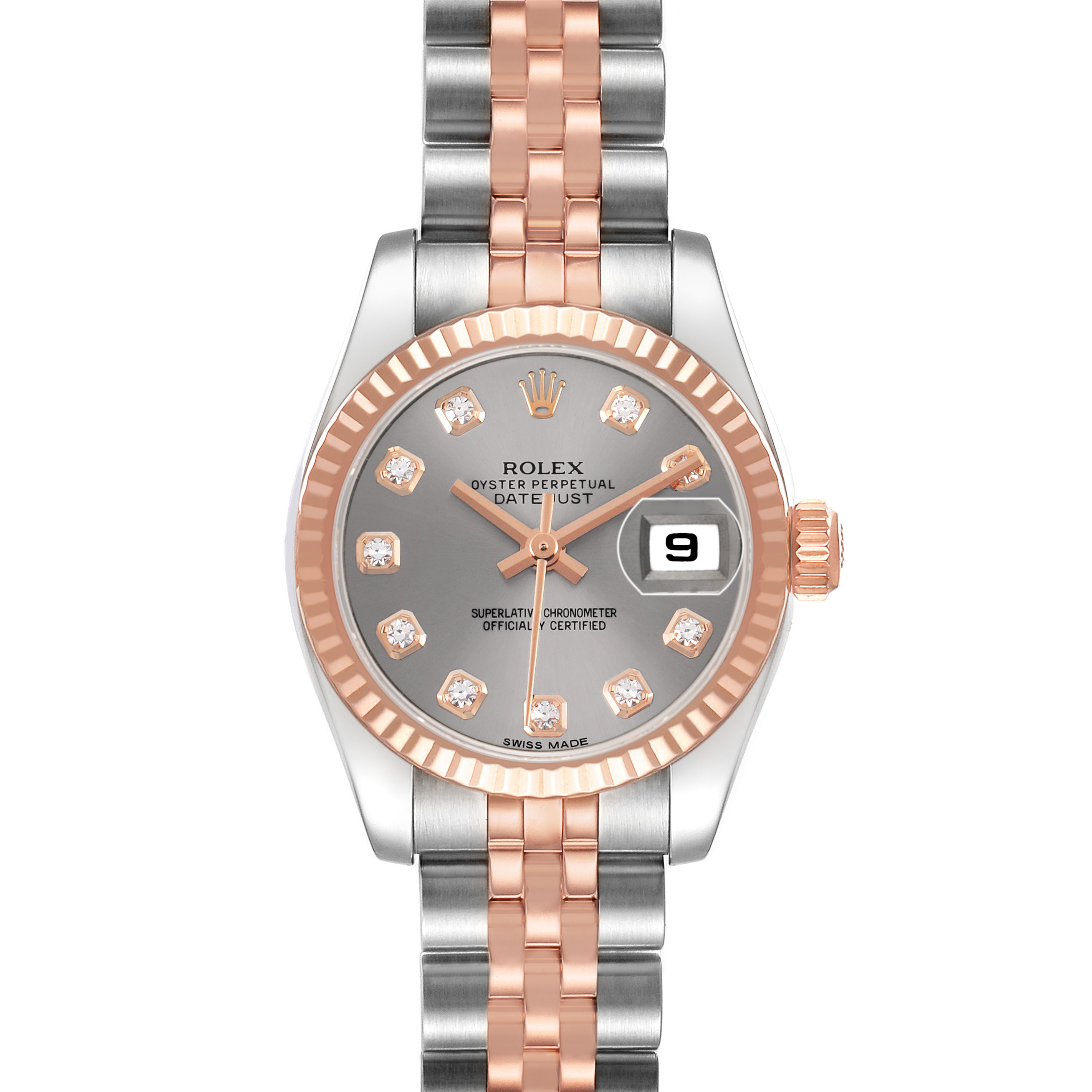 The Rolex Datejust 179171 Women's Steel and Gold (two tone) Silver Dial watch is shown from a direct front angle displaying the dial, bezel, bracelet, and crown.