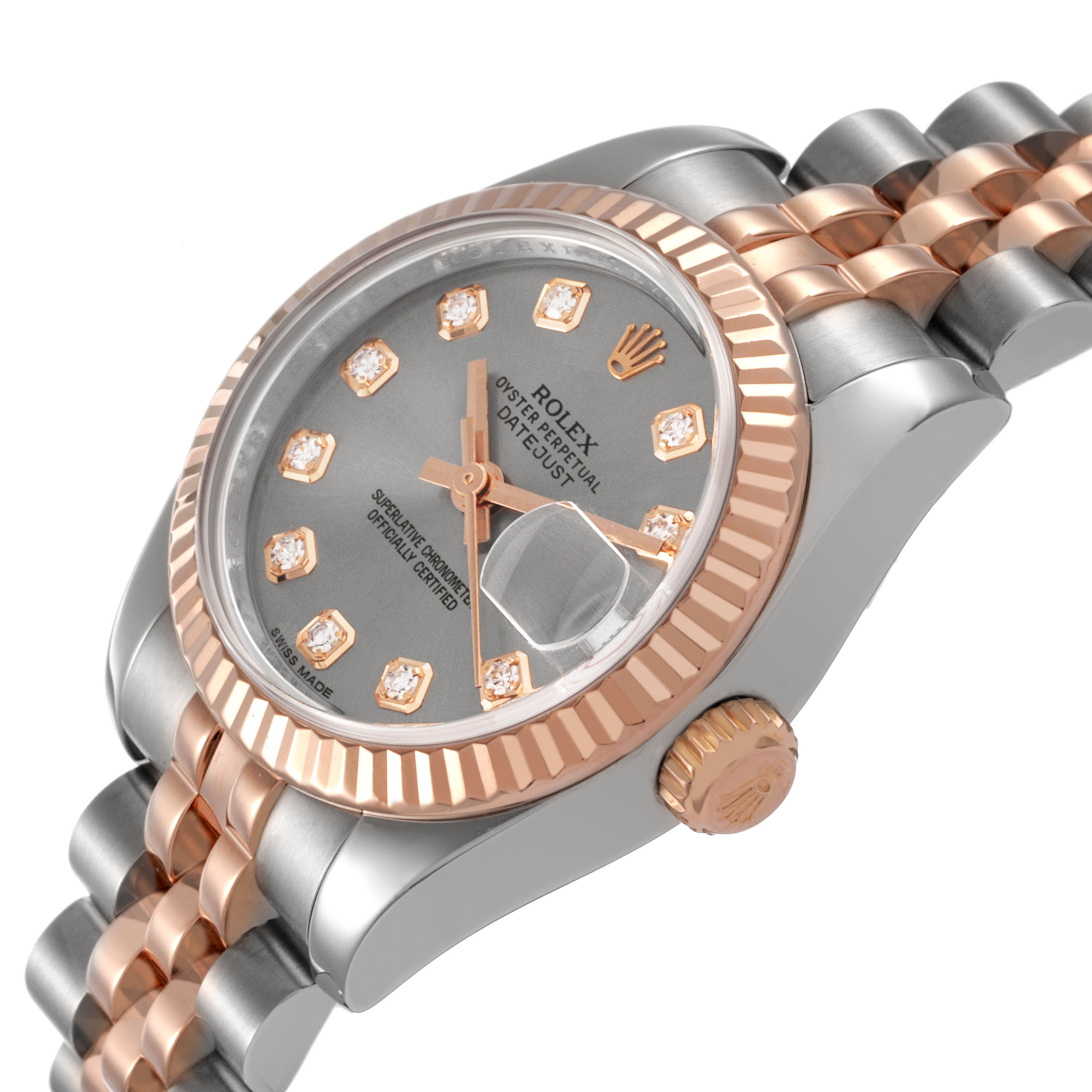 This image shows a Rolex Datejust 179171 Women's Steel and Gold (two tone) Silver Dial watch at a three-quarter angle, highlighting the face, fluted bezel, and two-tone bracelet.