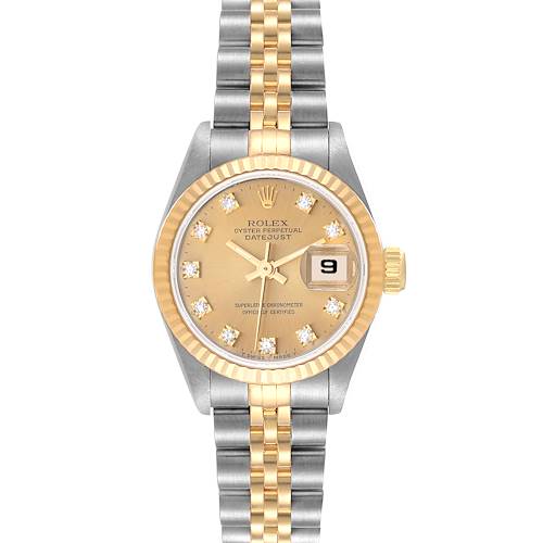 The Rolex Datejust 69173 Women's Stainless Steel Champagne Dial watch is shown from the front, displaying the face, bezel, and bracelet.