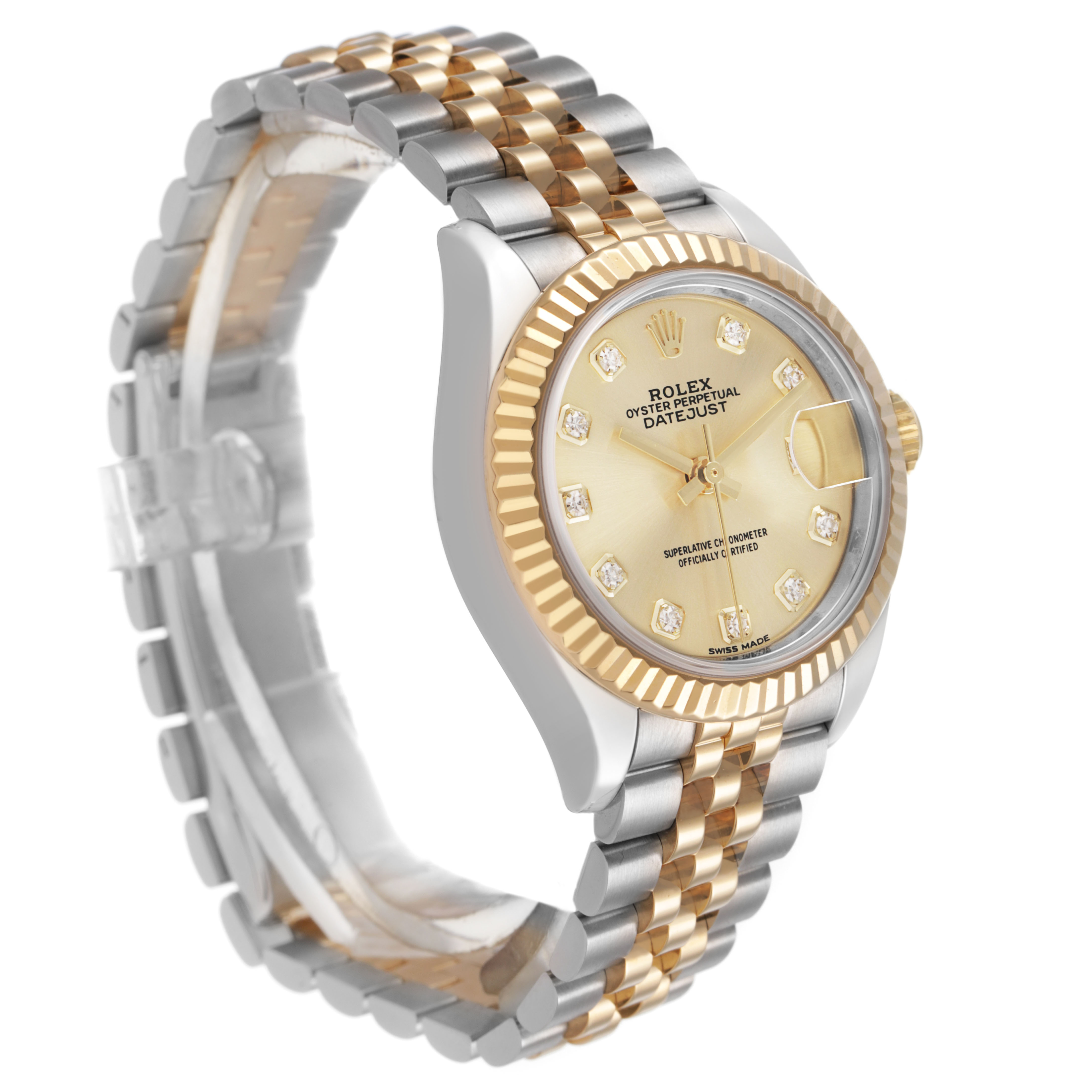 The Rolex Datejust 279173 Women's Stainless Steel Champagne Dial watch is shown at a three-quarter angle, highlighting its face, bezel, and two-tone bracelet.