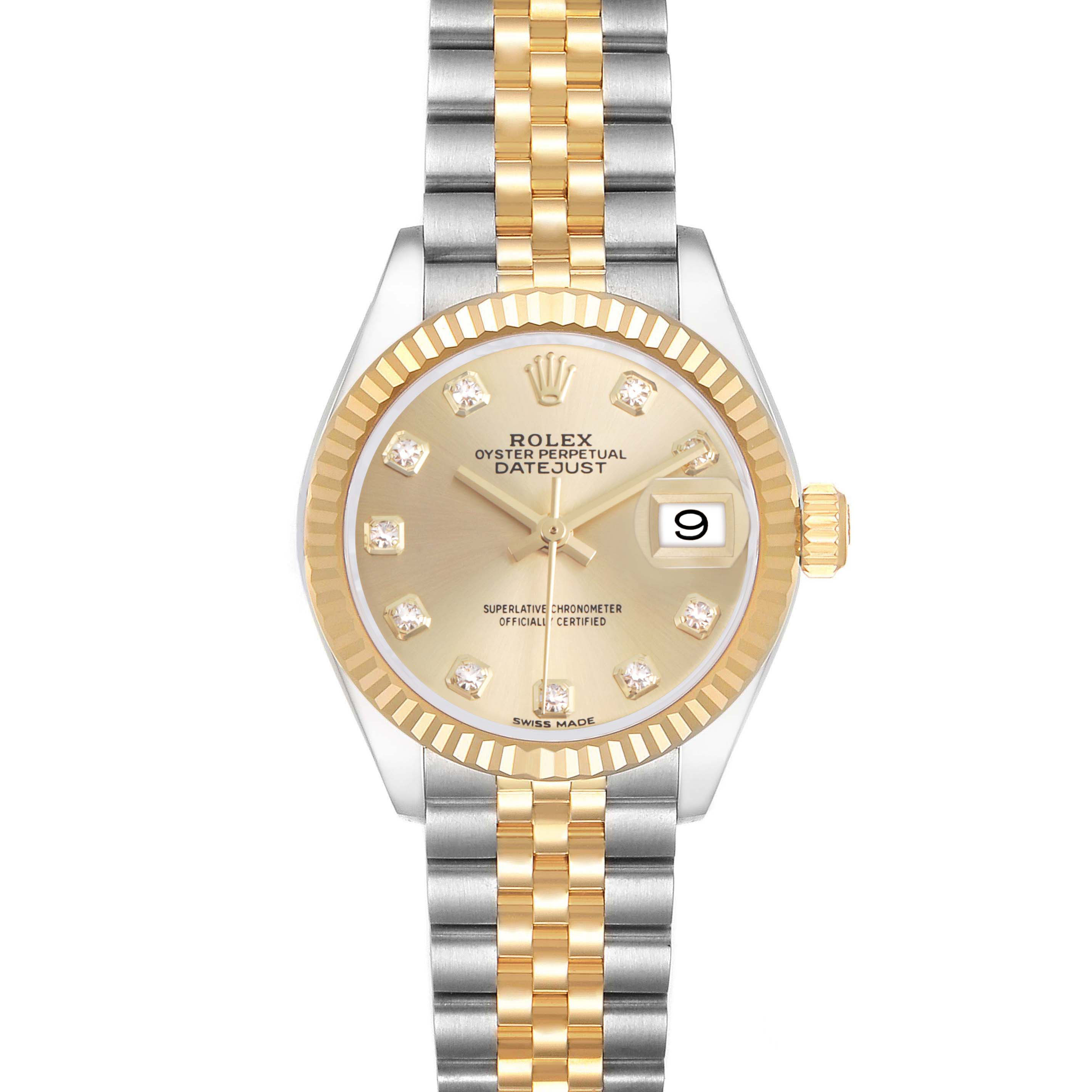 The Rolex Datejust 279173 Women's Stainless Steel Champagne Dial watch is shown from a front angle, featuring a two-tone bracelet, fluted bezel, and diamond hour markers.