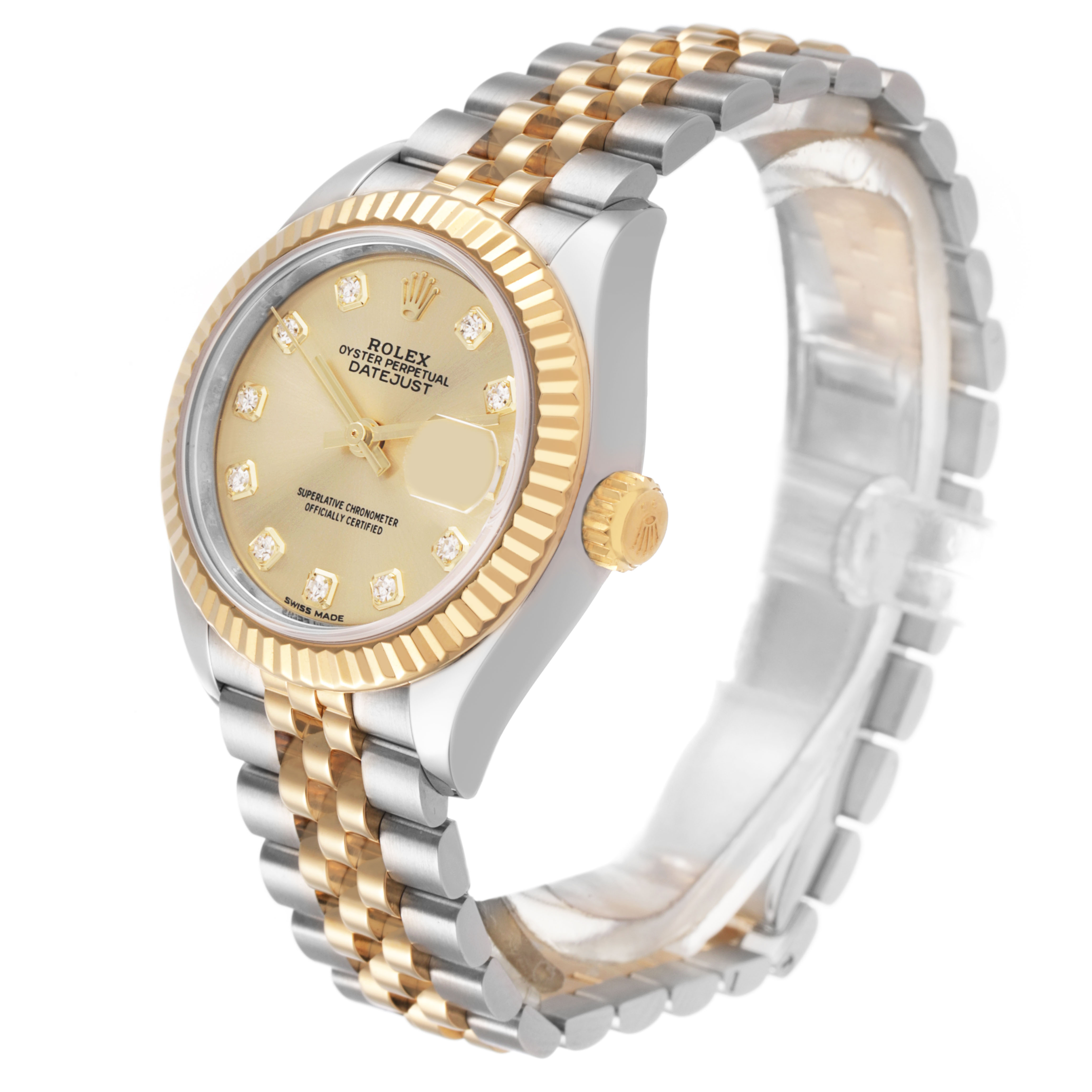 The Rolex Datejust 279173 Women's Stainless Steel Champagne Dial watch is shown at a slight side angle, highlighting the dial, bezel, and two-tone bracelet.