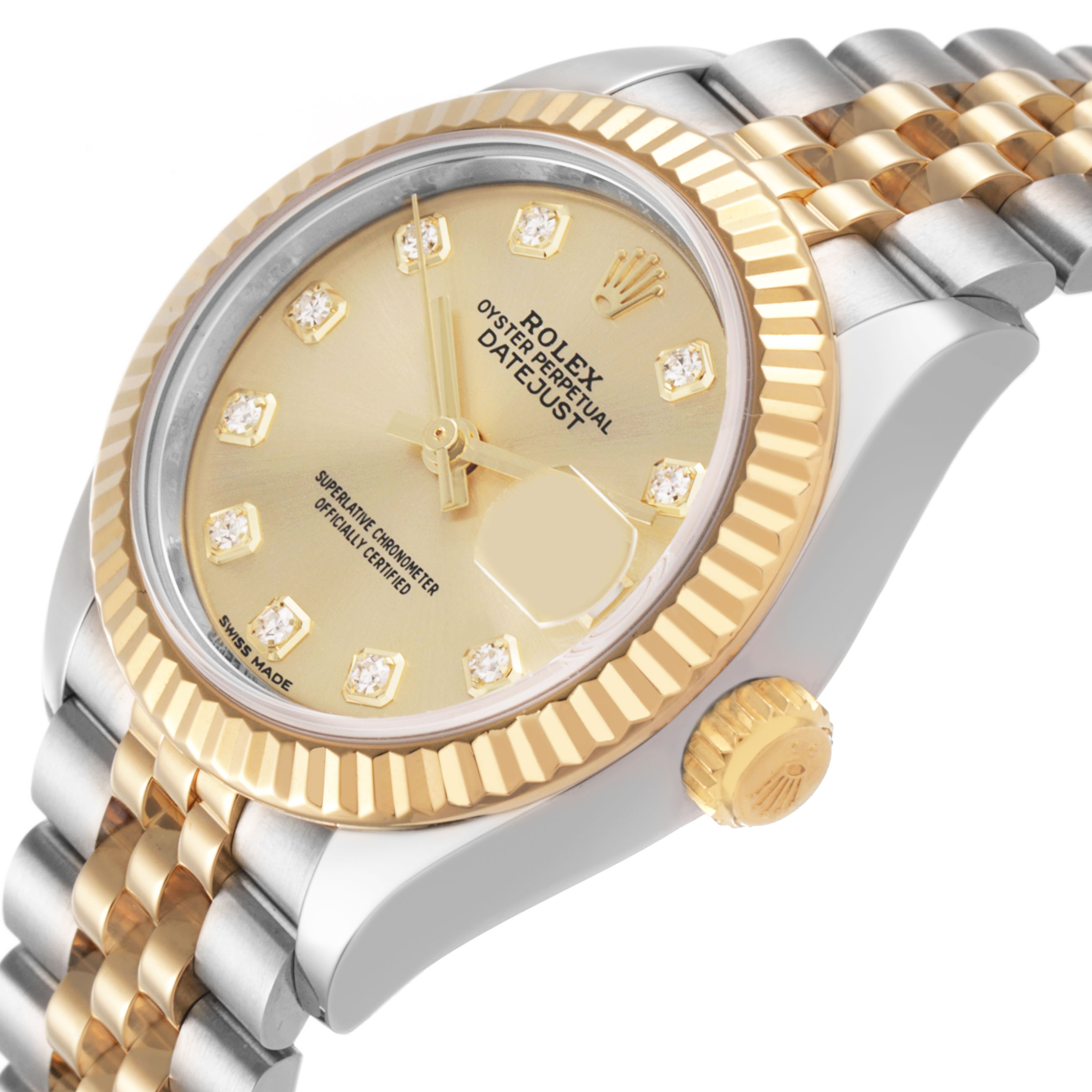 The image shows the Rolex Datejust 279173 Women's Stainless Steel Champagne Dial watch's angled view, highlighting the dial, fluted bezel, crown, and two-tone bracelet.