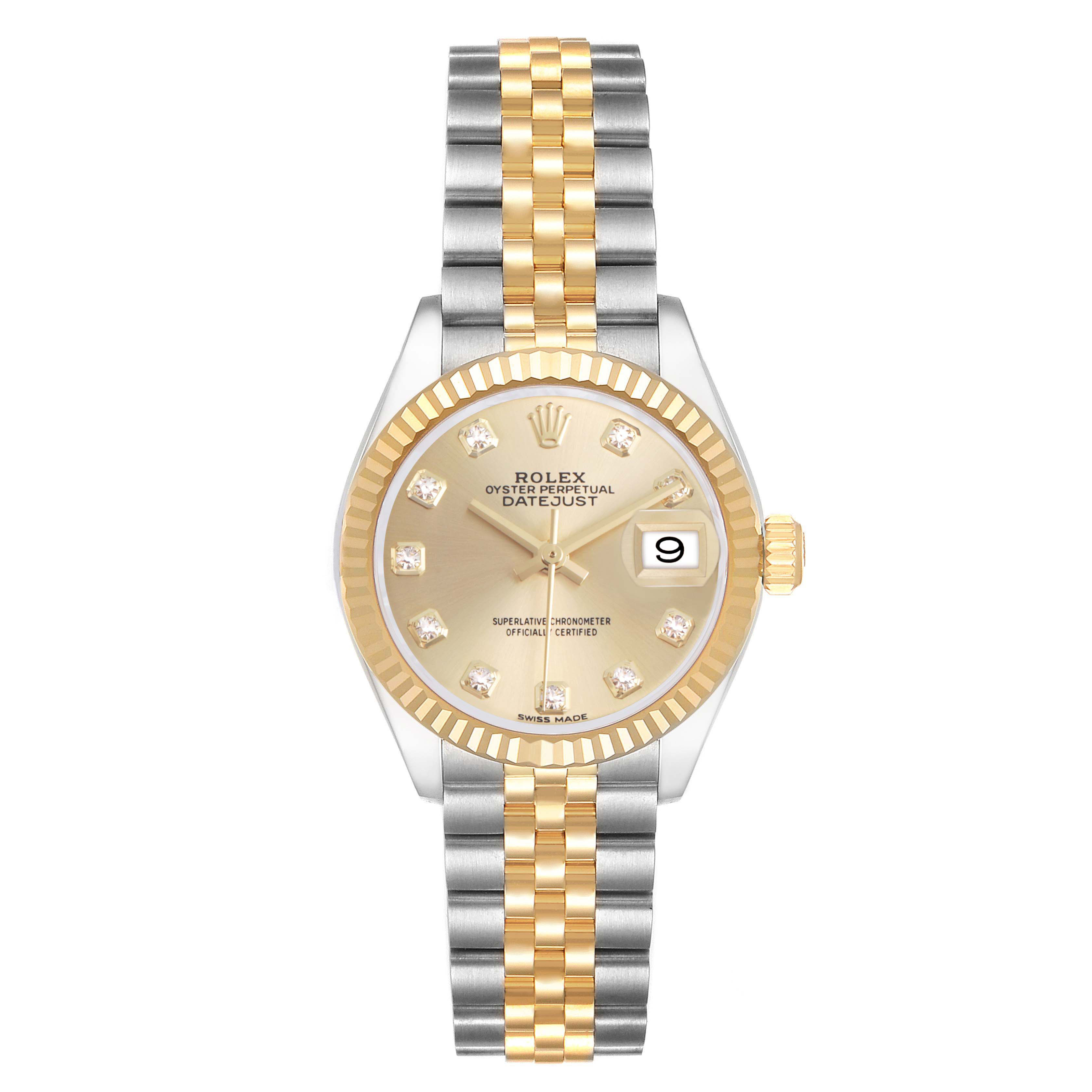 The Rolex Datejust 279173 Women's Stainless Steel Champagne Dial watch is shown from the front angle, displaying its dial, bezel, and two-tone jubilee bracelet.