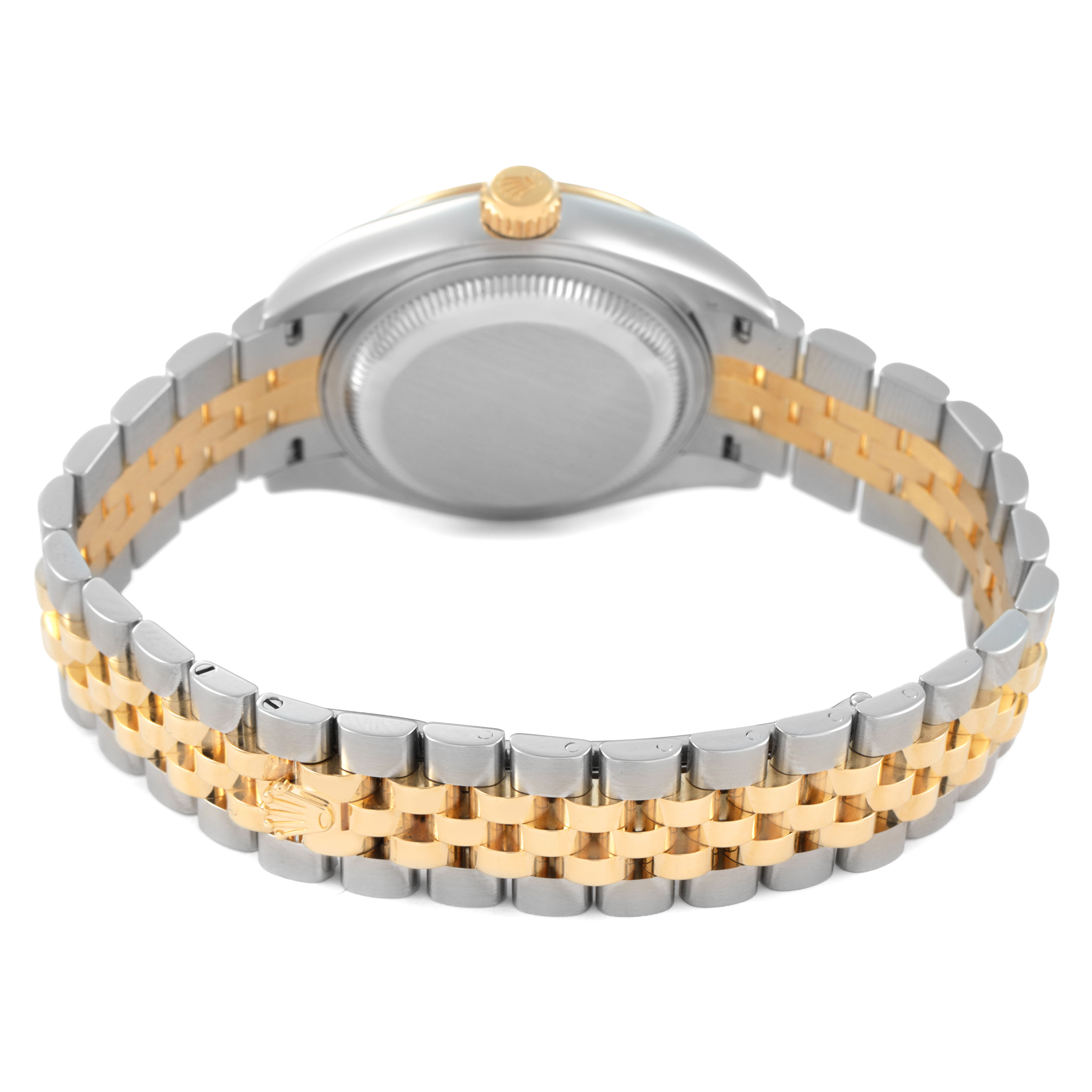 The Rolex Datejust 279173 Women's Stainless Steel Champagne Dial watch is shown from the back, highlighting the case, crown, and two-tone bracelet.