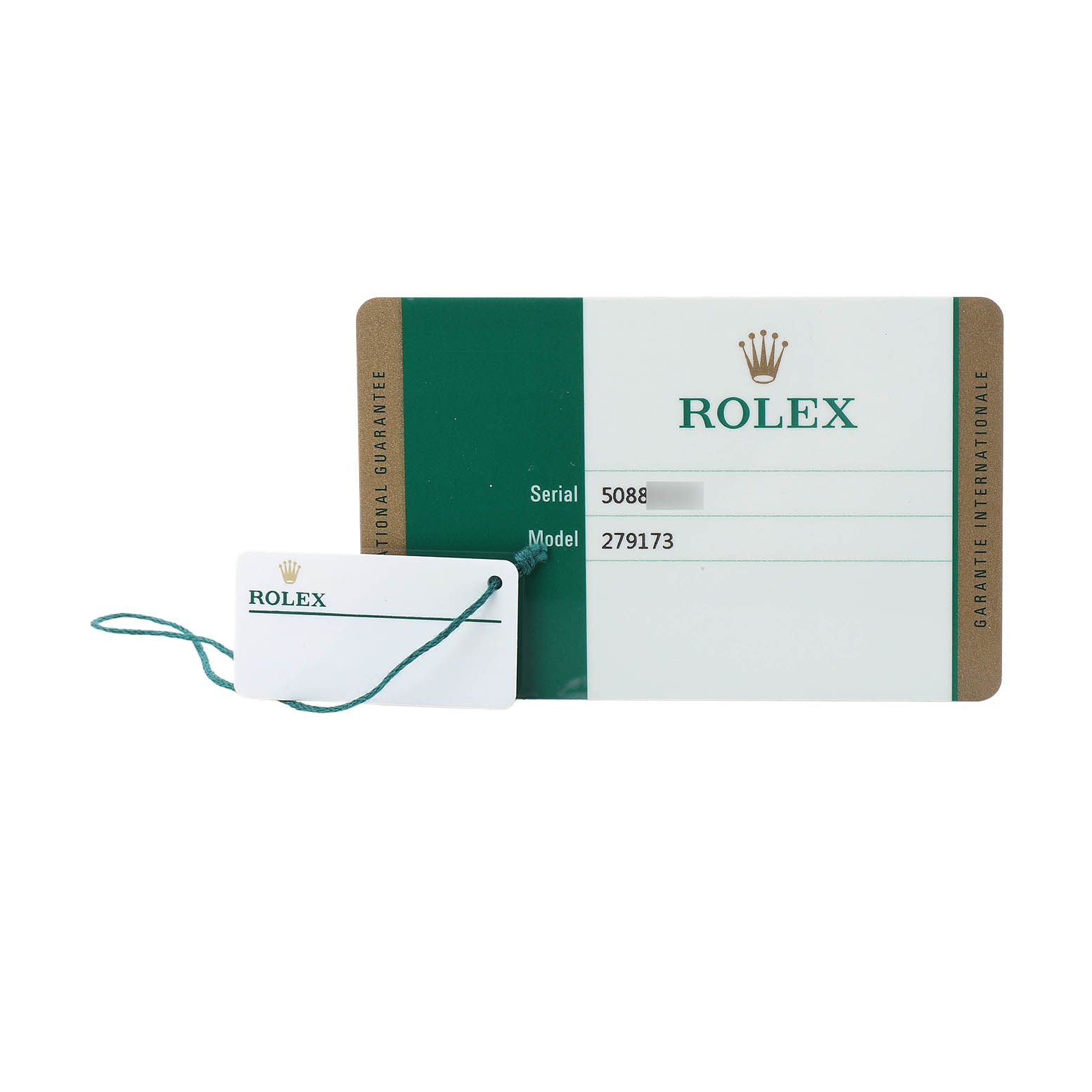 The image shows a green Rolex warranty card and tag for a Datejust model, with serial and model numbers visible.