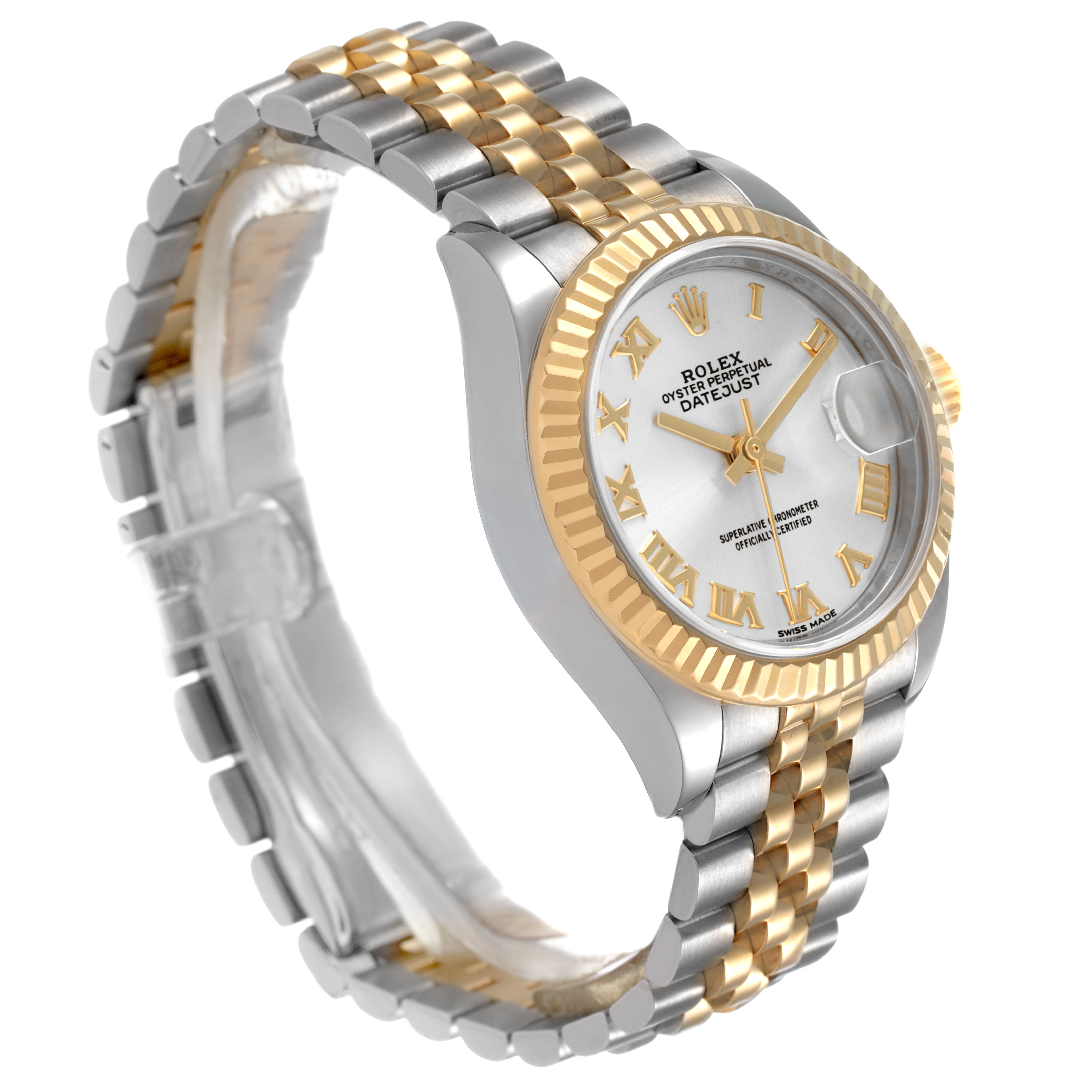The Rolex Datejust 279173 Women's Steel and Gold (two tone) Silver Dial watch is shown at a three-quarter angle, displaying the dial, bezel, and two-tone bracelet.