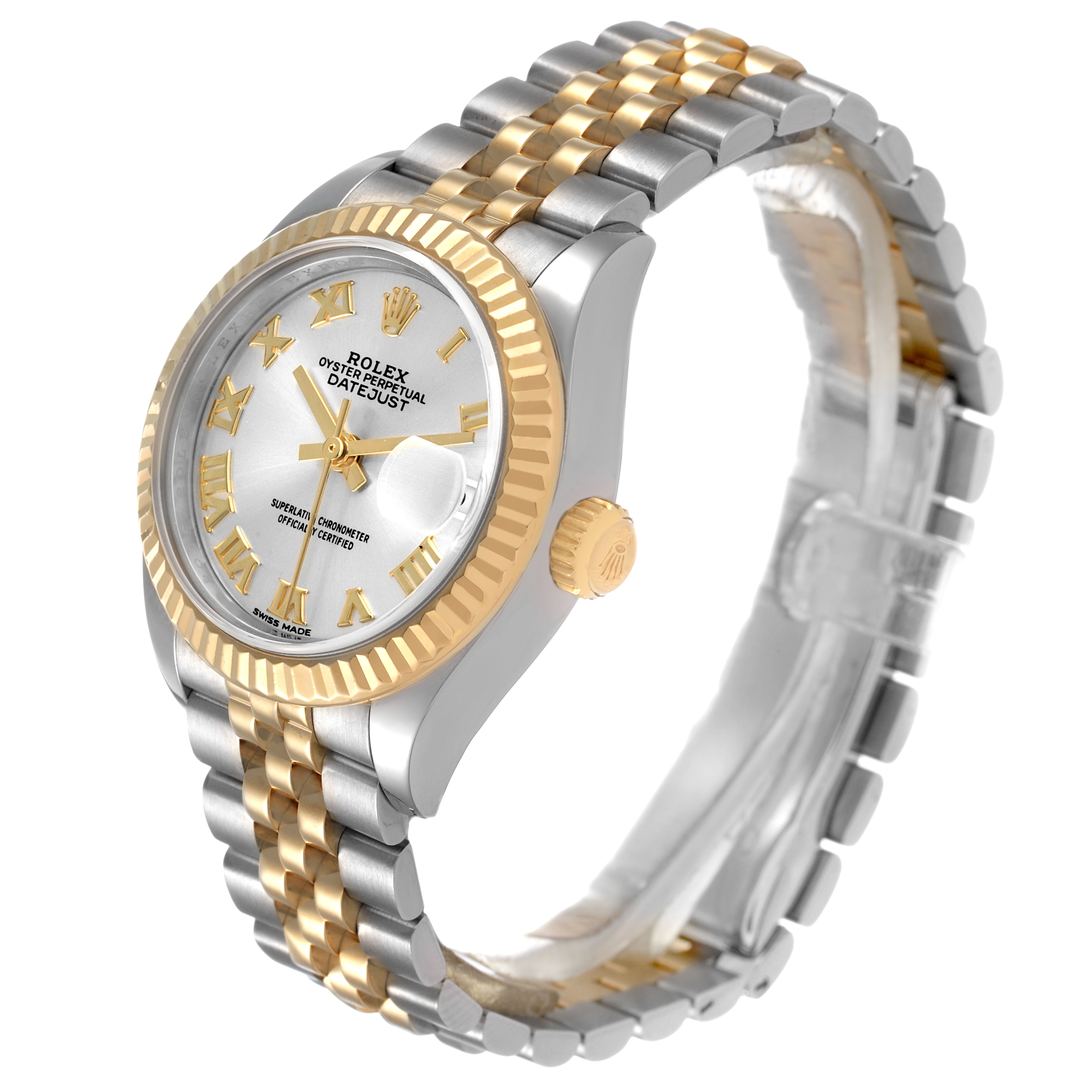 The Rolex Datejust 279173 Women's Steel and Gold (two tone) Silver Dial watch is shown at a slight angle, highlighting its bezel, crown, and two-tone bracelet.